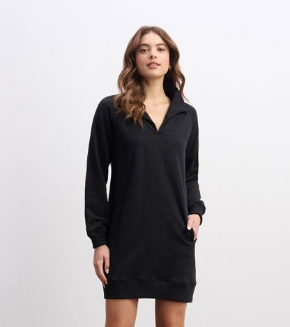 Black notch neck dress with long sleeves and side pockets, designed for casual wear.