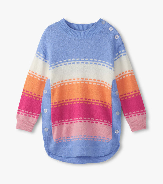 Chunky sweater tunic featuring a blue, pink, orange, and white striped pattern with button details on the side.