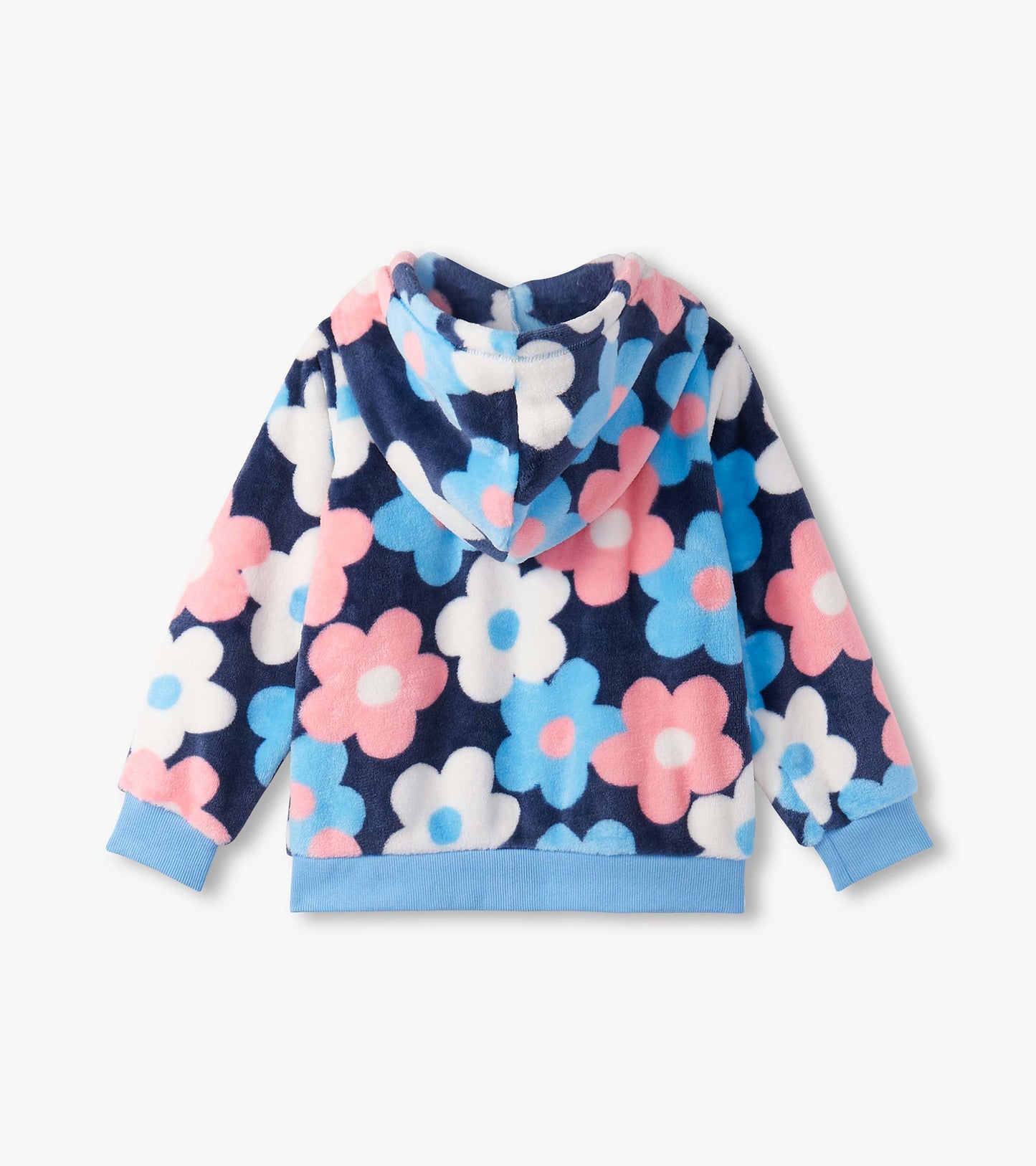 Navy fleece zip-up hoodie with large pink, blue, and white flowers, featuring a hood and ribbed cuffs.