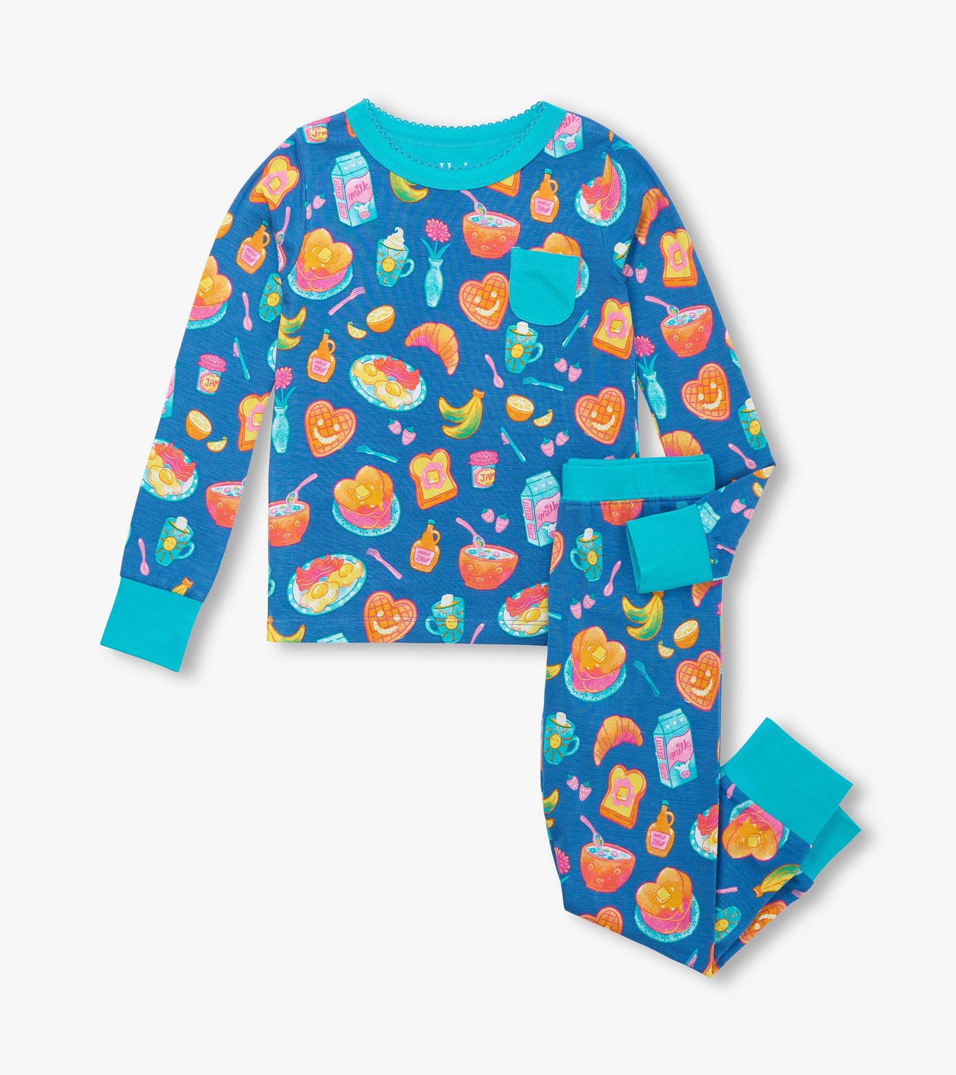 Blue bamboo pajama set featuring colorful breakfast-themed prints, including pancakes, fruit, and cereal, with long sleeves…