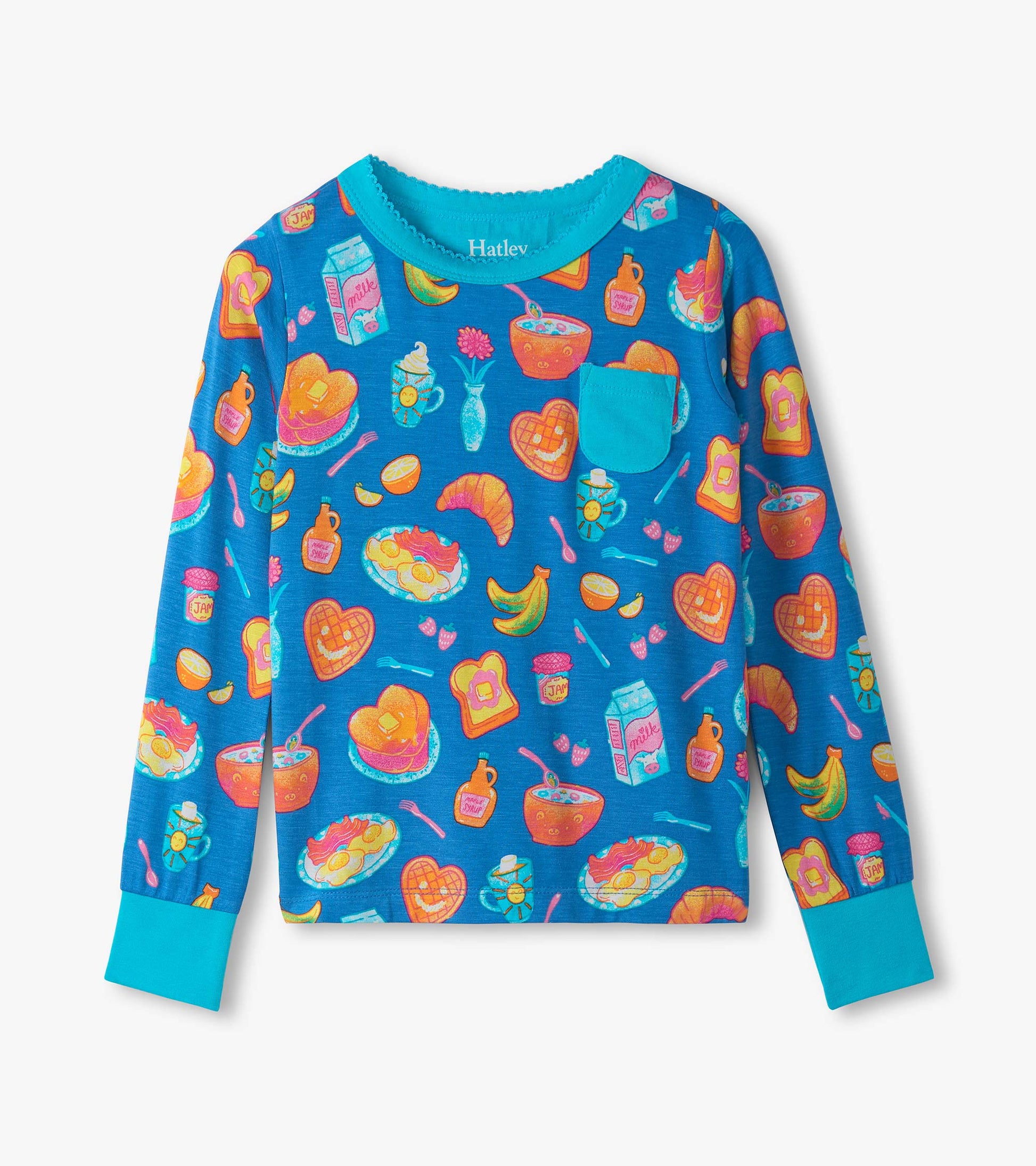 Long-sleeve pajama top in blue with colorful breakfast-themed prints, featuring a small pocket and contrasting cuffs.