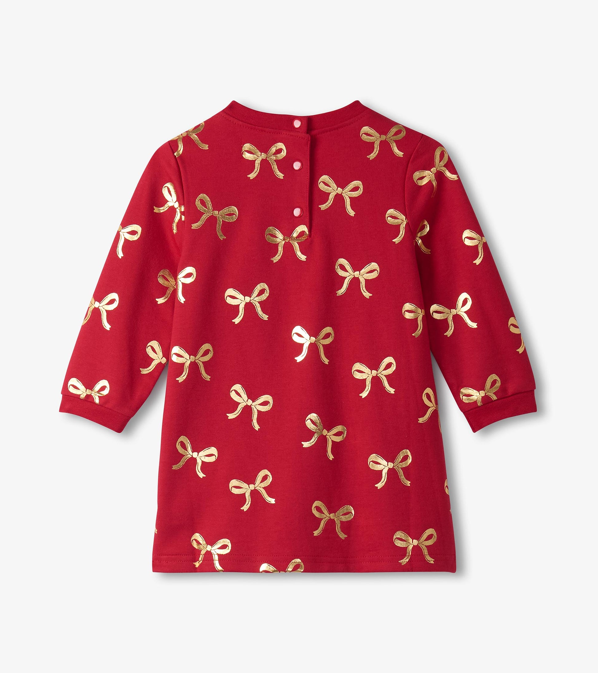 Red dress with gold ribbon pattern, featuring long sleeves and a button closure at the back. Suitable for baby and toddler g…