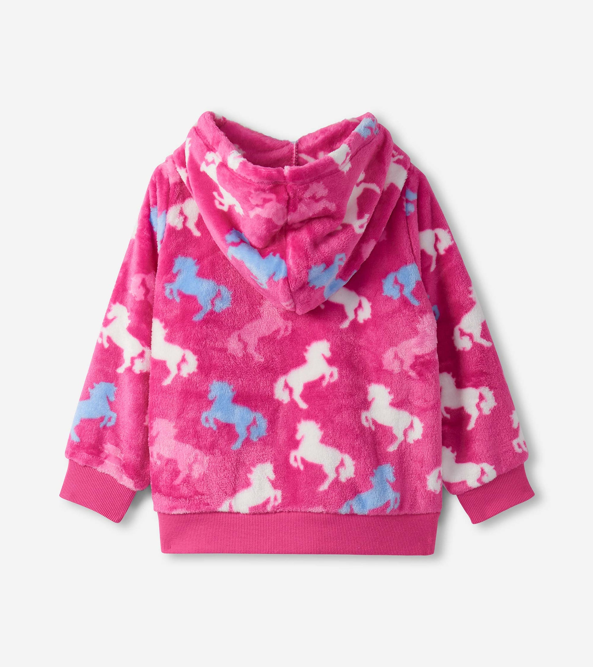 Fleece zip-up hoodie in pink with white and blue horse patterns, featuring a hood and ribbed cuffs.