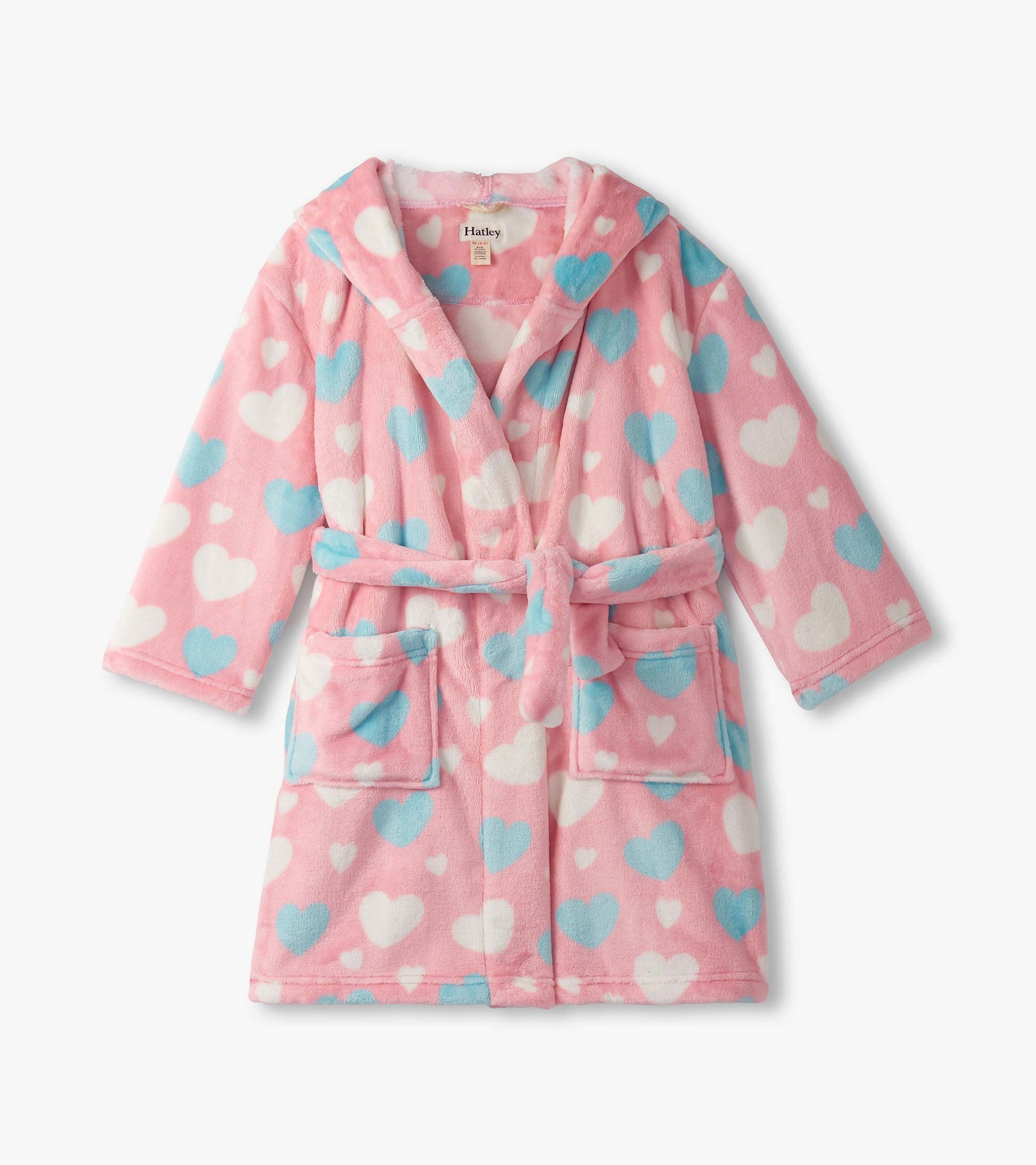 Pink fuzzy fleece robe with blue and white heart patterns, featuring a hood, tie belt, and two front pockets.