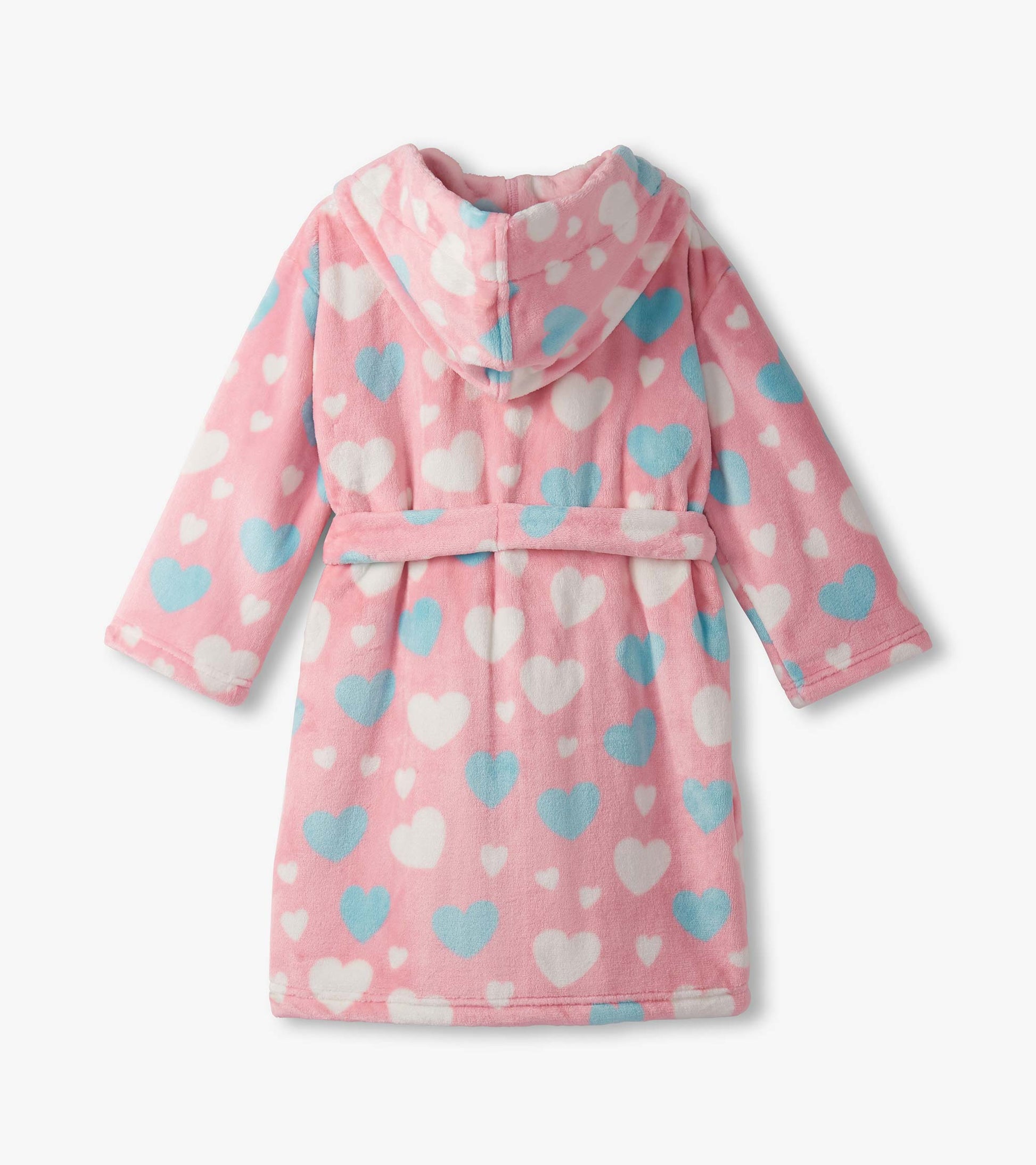 Pink fleece robe with a hood, featuring a pattern of white and blue hearts, tied at the waist.