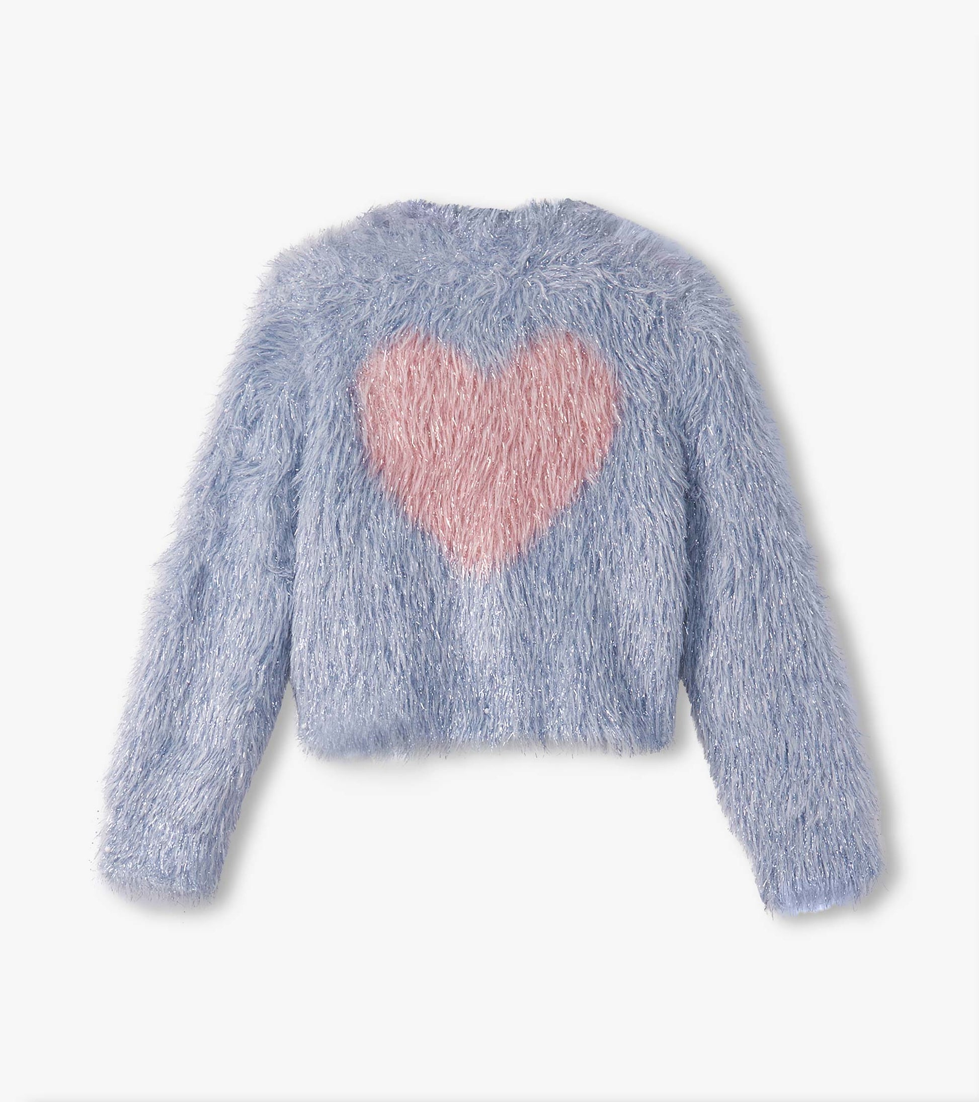 Light blue metallic cardigan with a fluffy texture and a pink glitter heart design on the front.