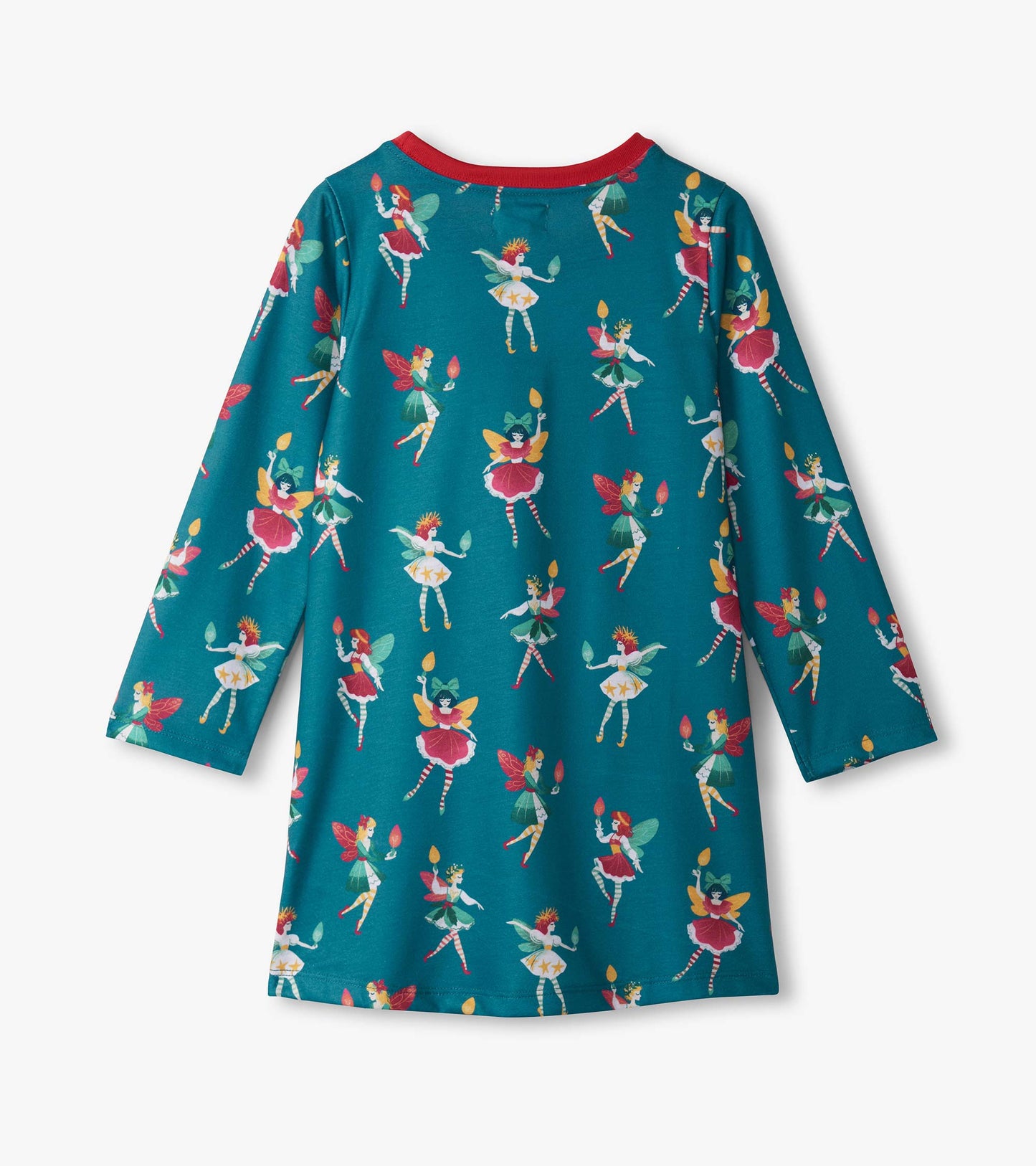 Teal long sleeve nightdress featuring colorful fairy prints and a red neckline, perfect for sleepwear.