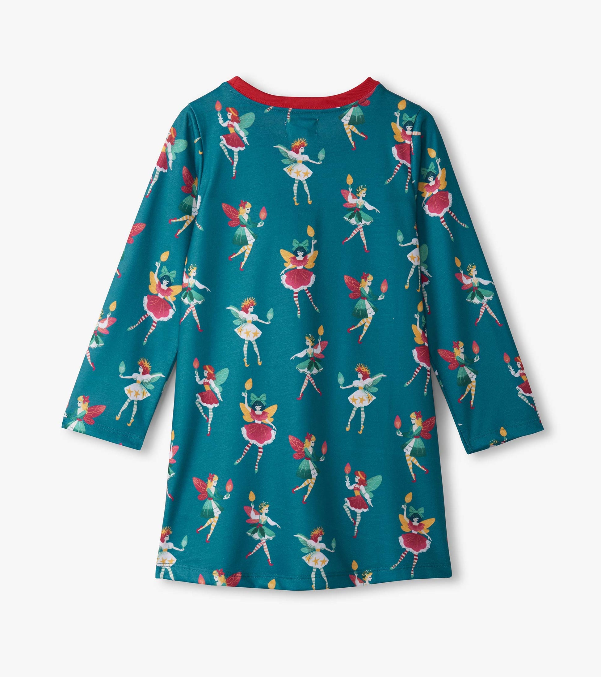 Teal long sleeve nightdress featuring colorful fairy prints and a red neckline, perfect for sleepwear.
