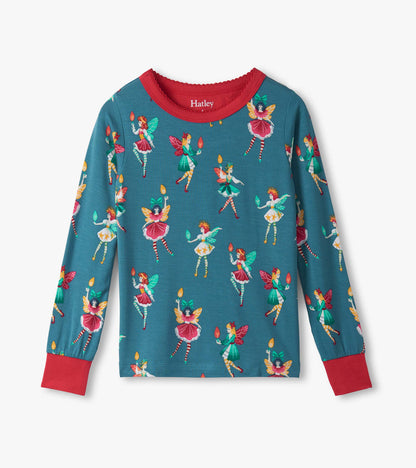 Teal long-sleeve pajama top featuring colorful fairy illustrations and a red neckline. Ideal for sleepwear.
