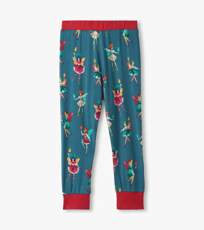 Teal bamboo pajama pants featuring colorful fairy prints and red cuffs, perfect for sleepwear.