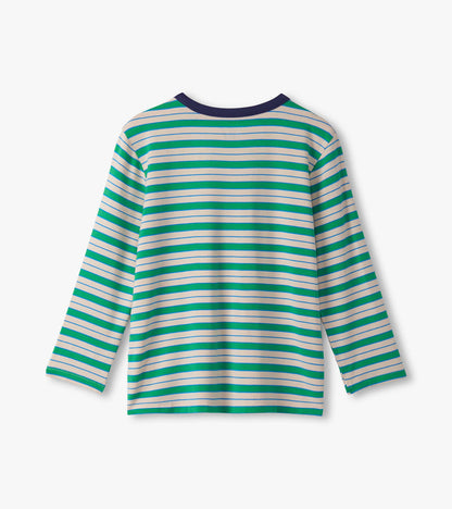 Long sleeve bamboo t-shirt featuring green and blue horizontal stripes with a navy collar, back view.