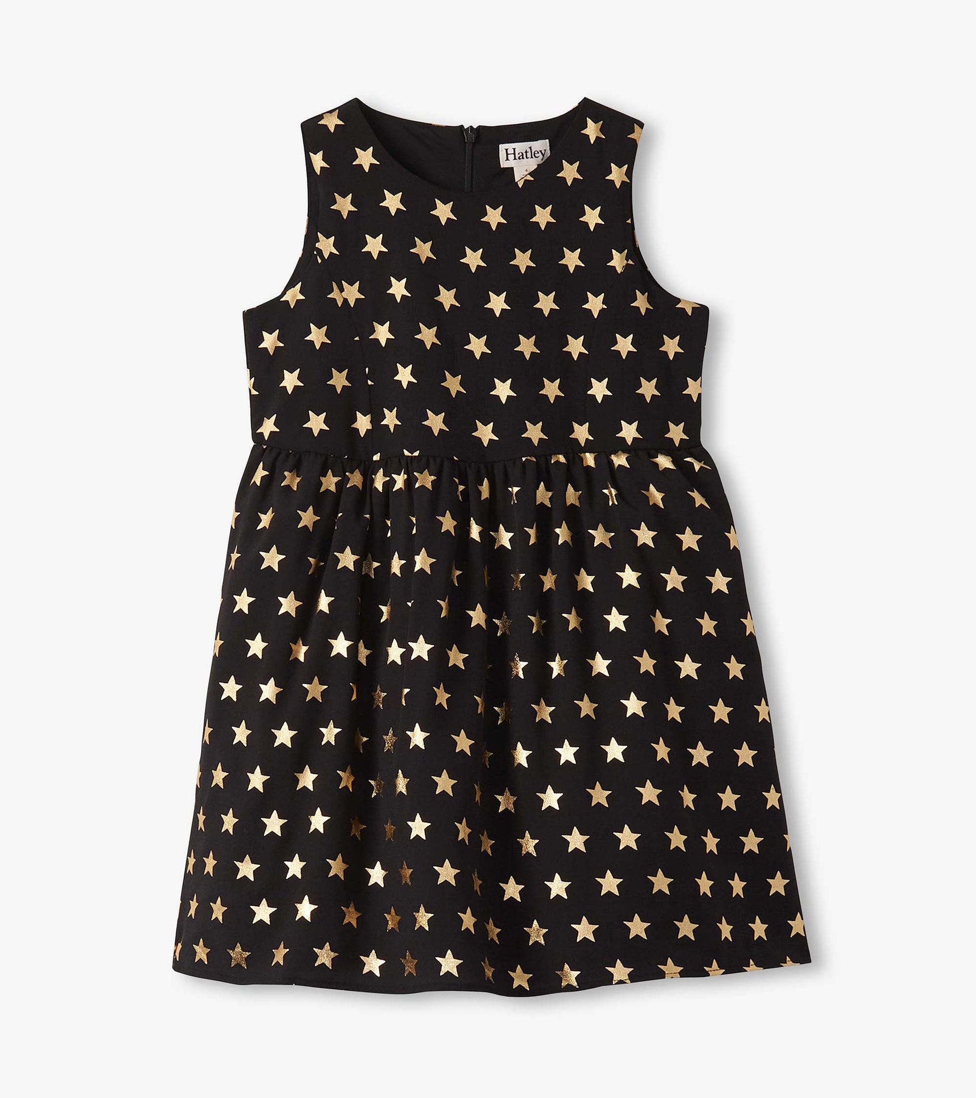 Black sleeveless dress with a gathered skirt, featuring a gold star pattern throughout.