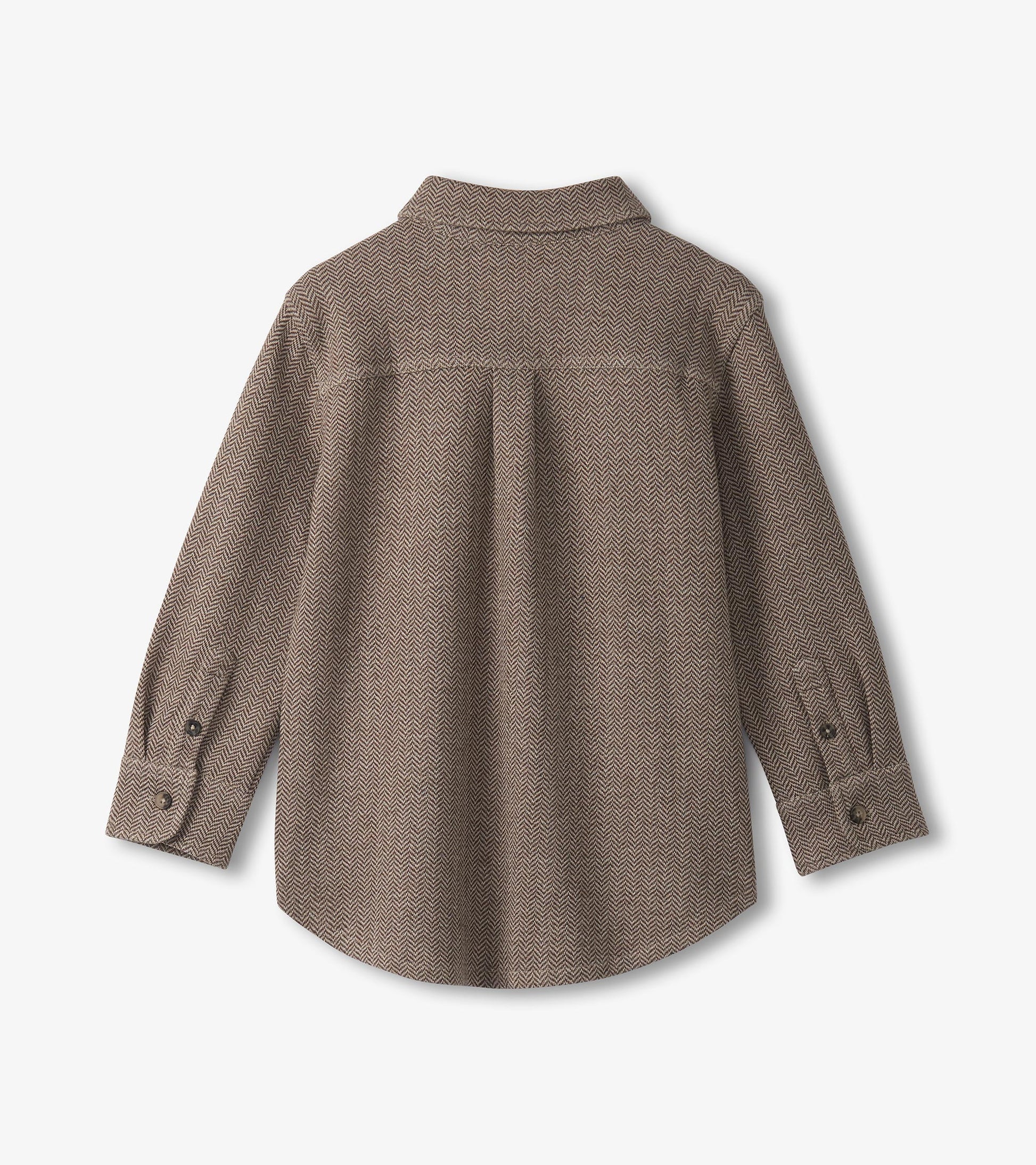 Brown herringbone button-down shirt for boys with long sleeves and a classic collar, viewed from the back.