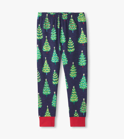 Navy cotton pajama pants featuring colorful Christmas tree patterns and red cuffs. Ideal for cozy sleepwear.
