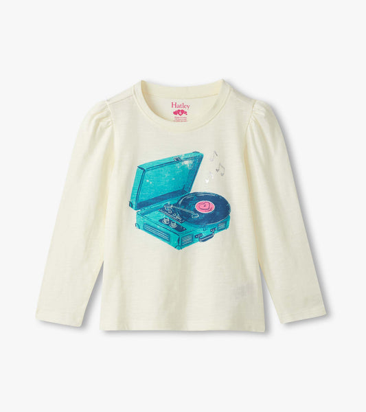 Girls Record Player Puff Sleeve Graphic Tee