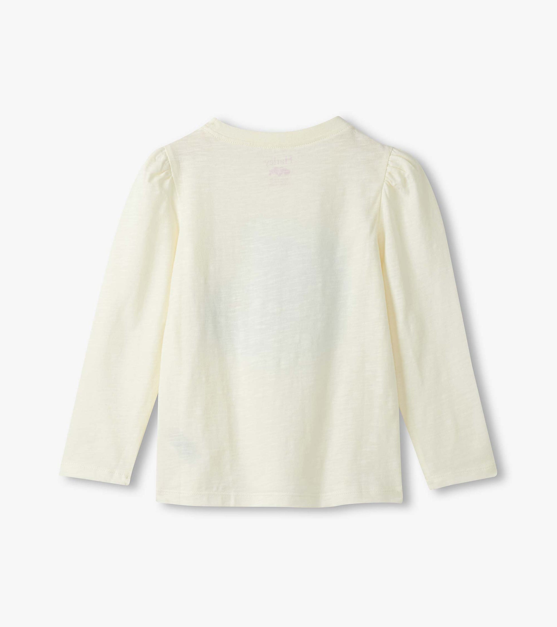 Light yellow long-sleeve tee with puff sleeves and a round neckline, featuring a soft, textured fabric.