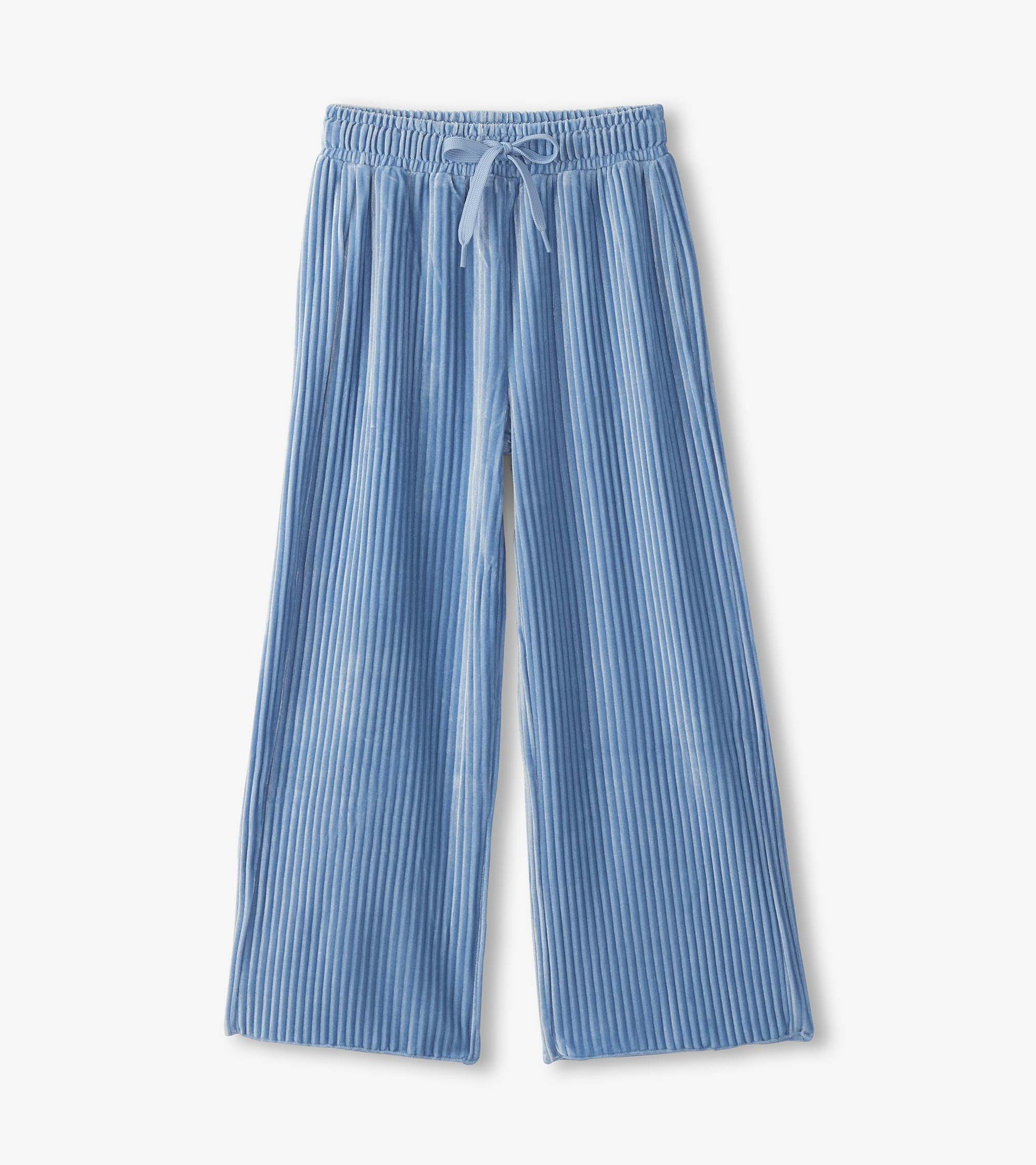 Cornflower blue pleated velour relaxed pants with an elastic waistband and drawstring, featuring a wide-leg design.