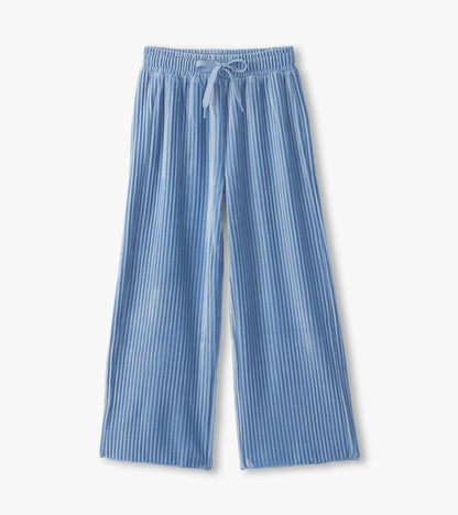 Cornflower blue pleated velour relaxed pants with an elastic waistband and drawstring, featuring a wide-leg design.