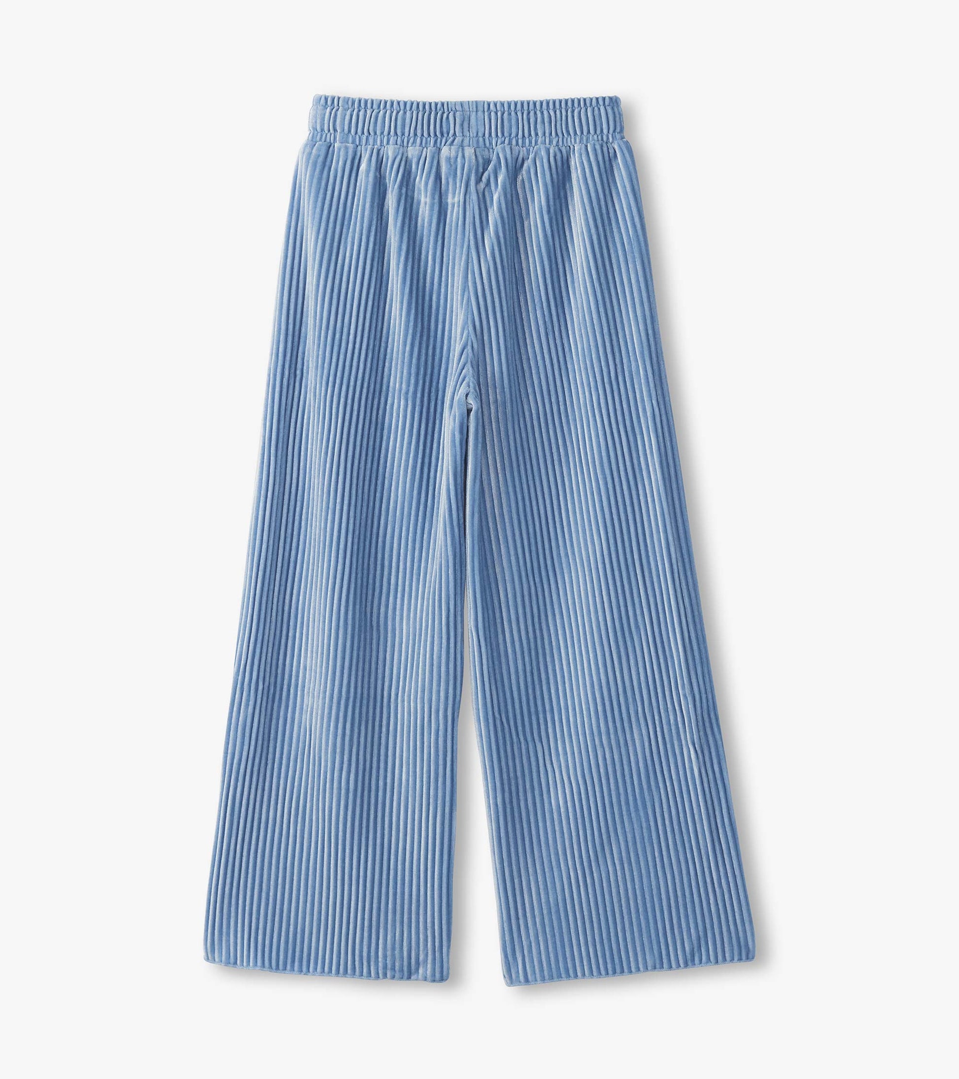 Cornflower blue pleated velour relaxed pants with an elastic waistband and wide legs.
