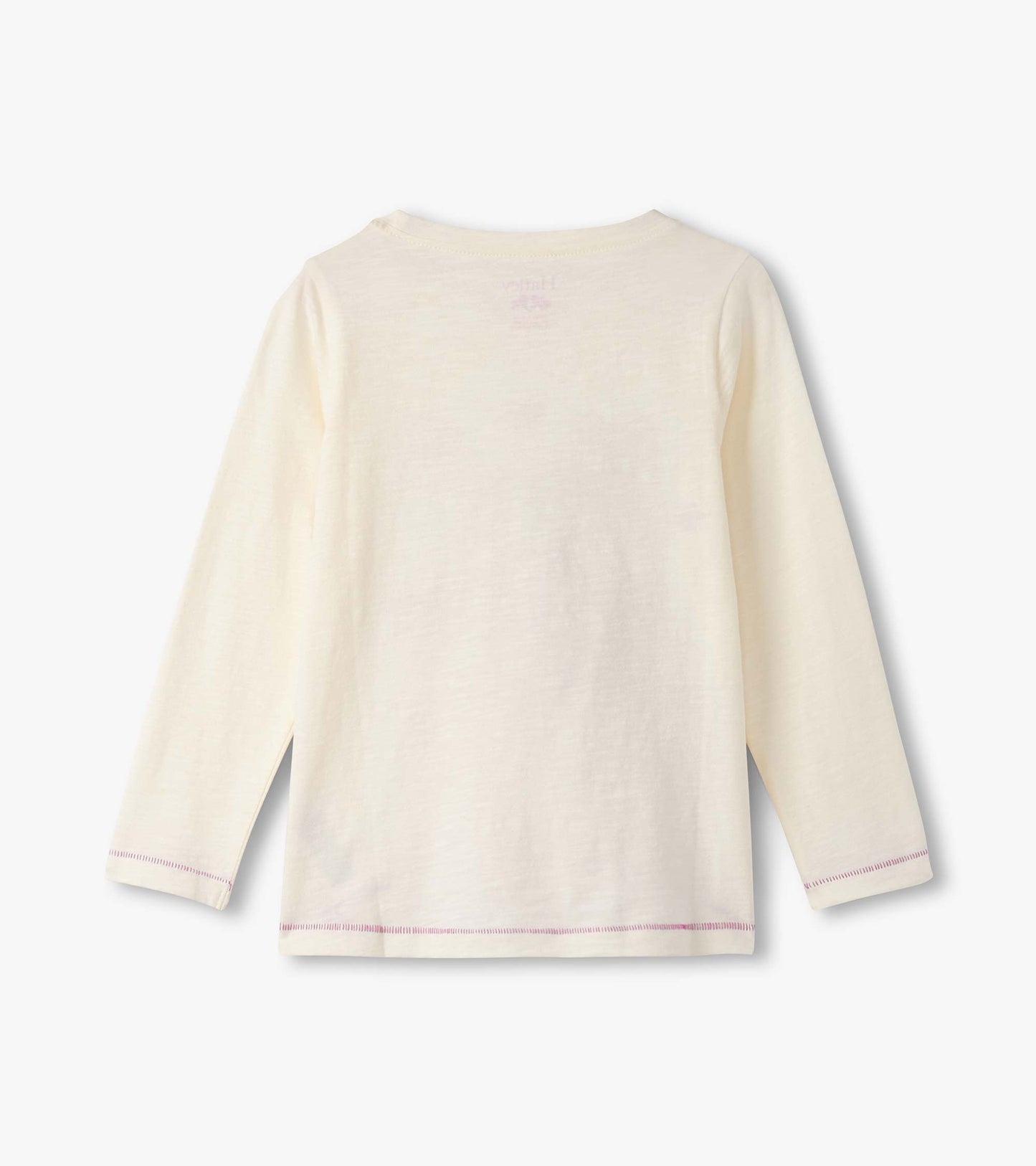 Cream long sleeve tee with a relaxed fit and purple stitching details, featuring a simple back design.