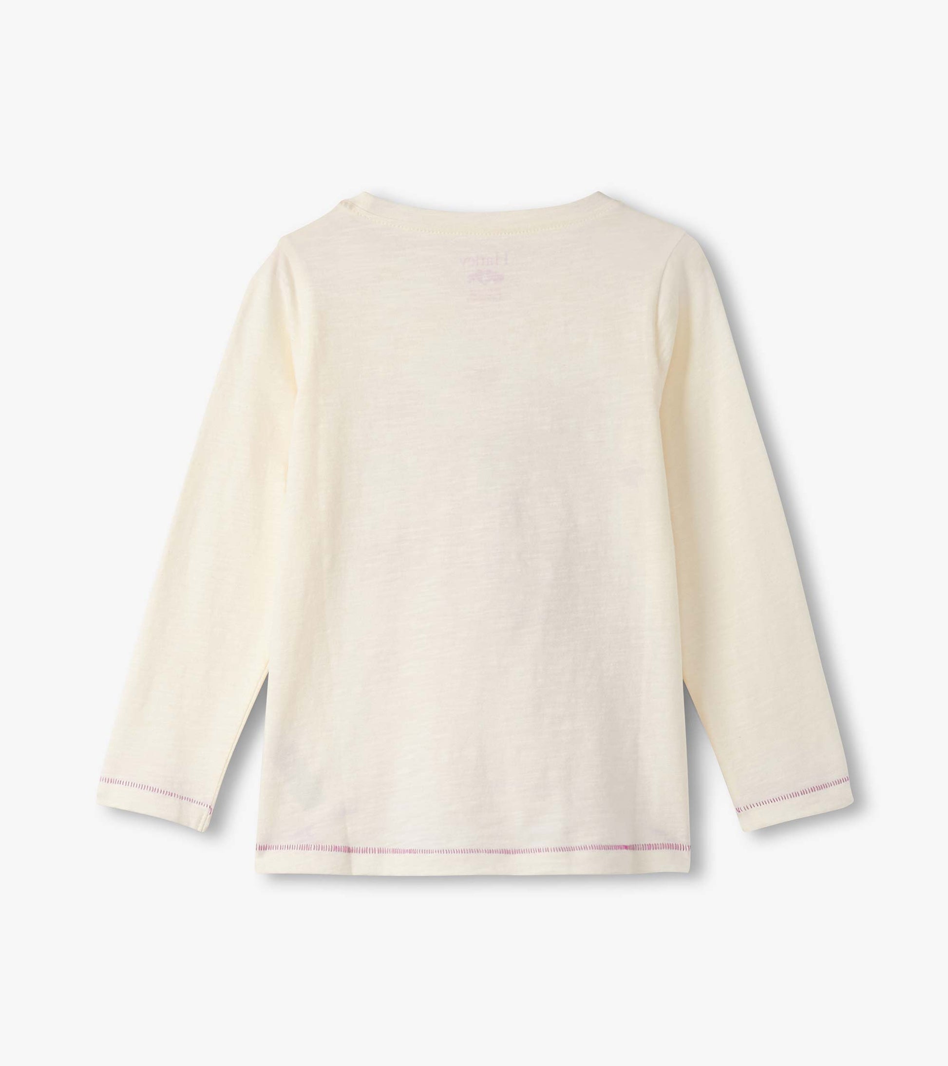 Cream long sleeve tee with a relaxed fit and purple stitching details, featuring a simple back design.