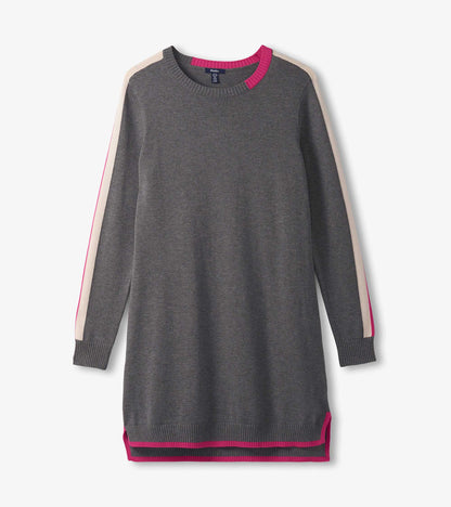Charcoal sweater dress featuring contrast trim in pink and beige, with a relaxed fit and crew neckline.