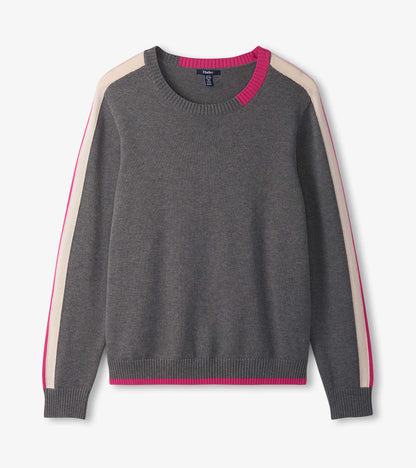 Charcoal sweater featuring contrast trim in pink and cream, with a crew neckline and long sleeves.