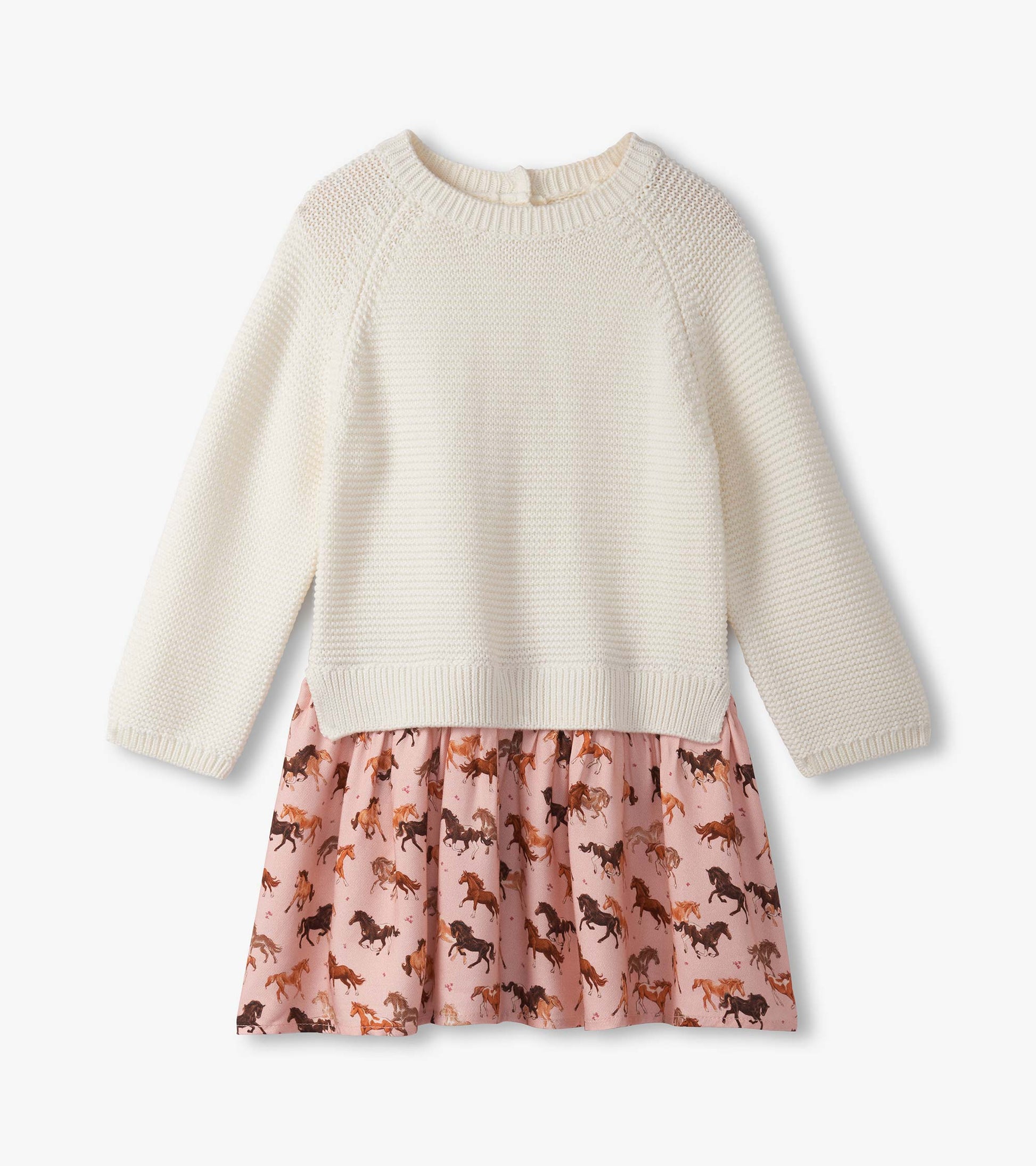 Cream knit sweater top with a pink horse-patterned skirt, designed for baby and toddler girls.