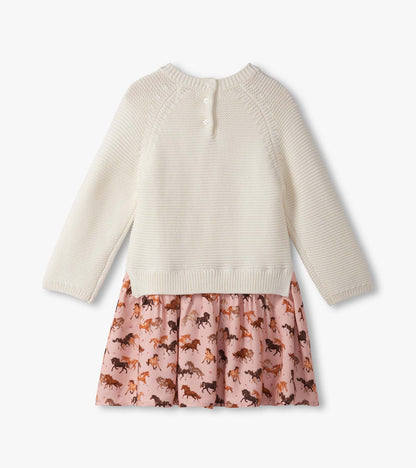 Cream knit sweater top with a pink skirt featuring a horse print, designed for baby and toddler girls.