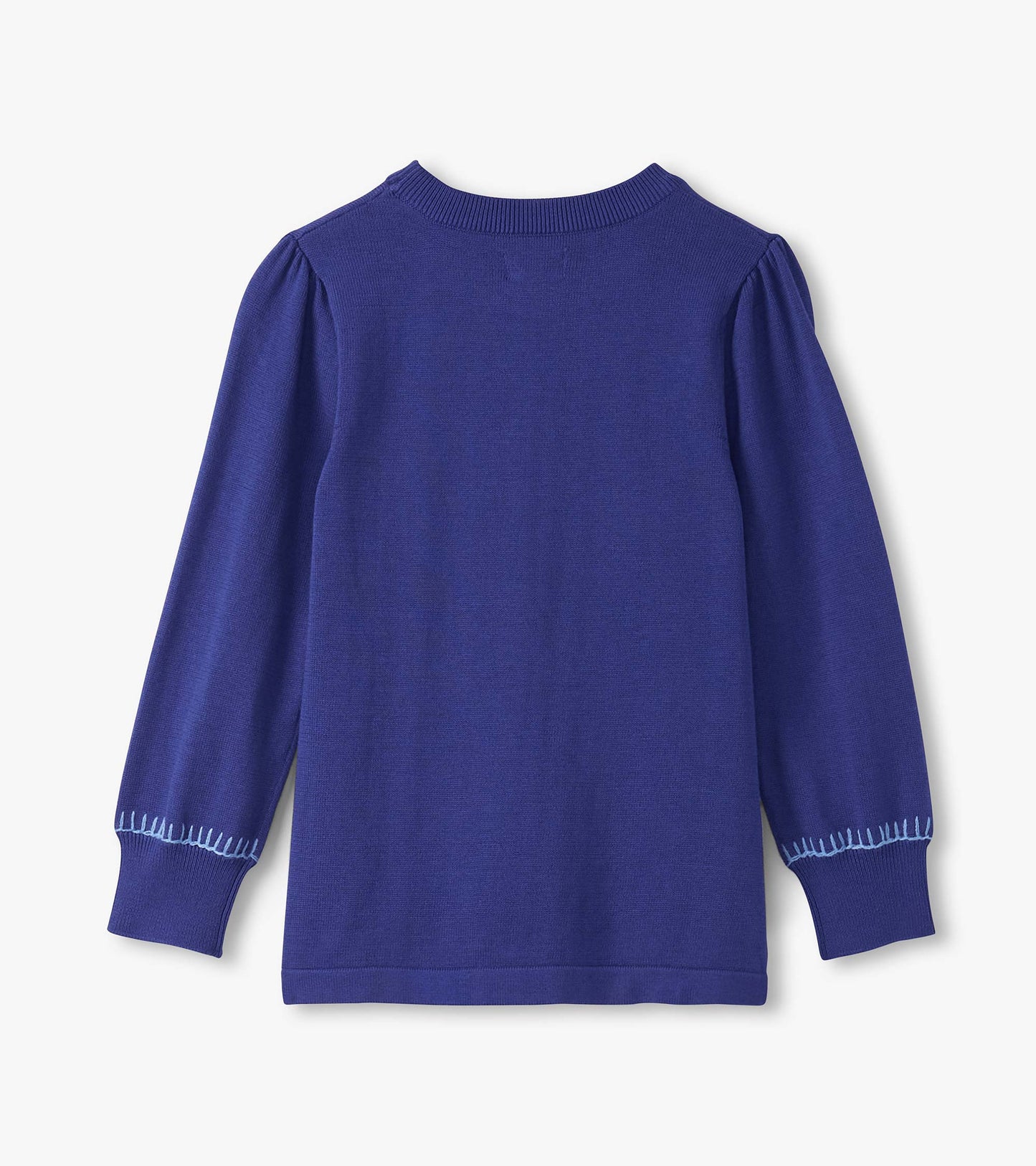 Purple pullover sweater for girls with long sleeves and gathered shoulders, featuring a ribbed neckline and cuffs.