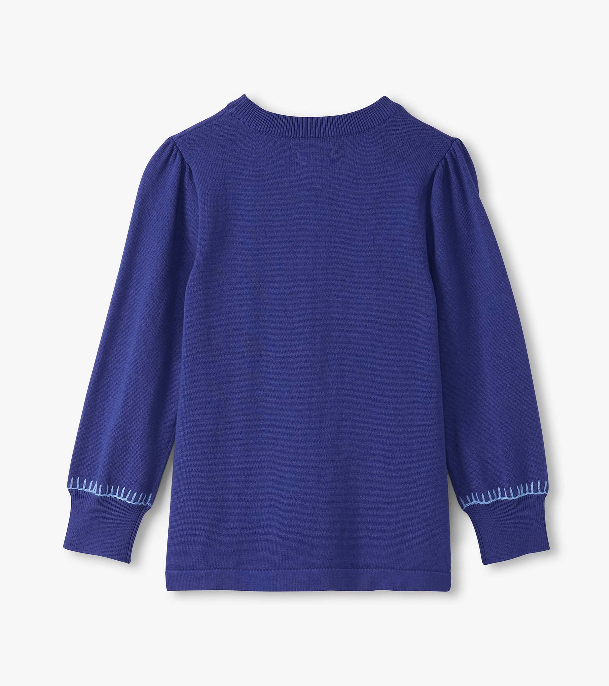 Purple pullover sweater for girls with long sleeves and gathered shoulders, featuring a ribbed neckline and cuffs.