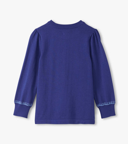 Purple pullover sweater for girls with long sleeves and gathered shoulders, featuring a ribbed neckline and cuffs.