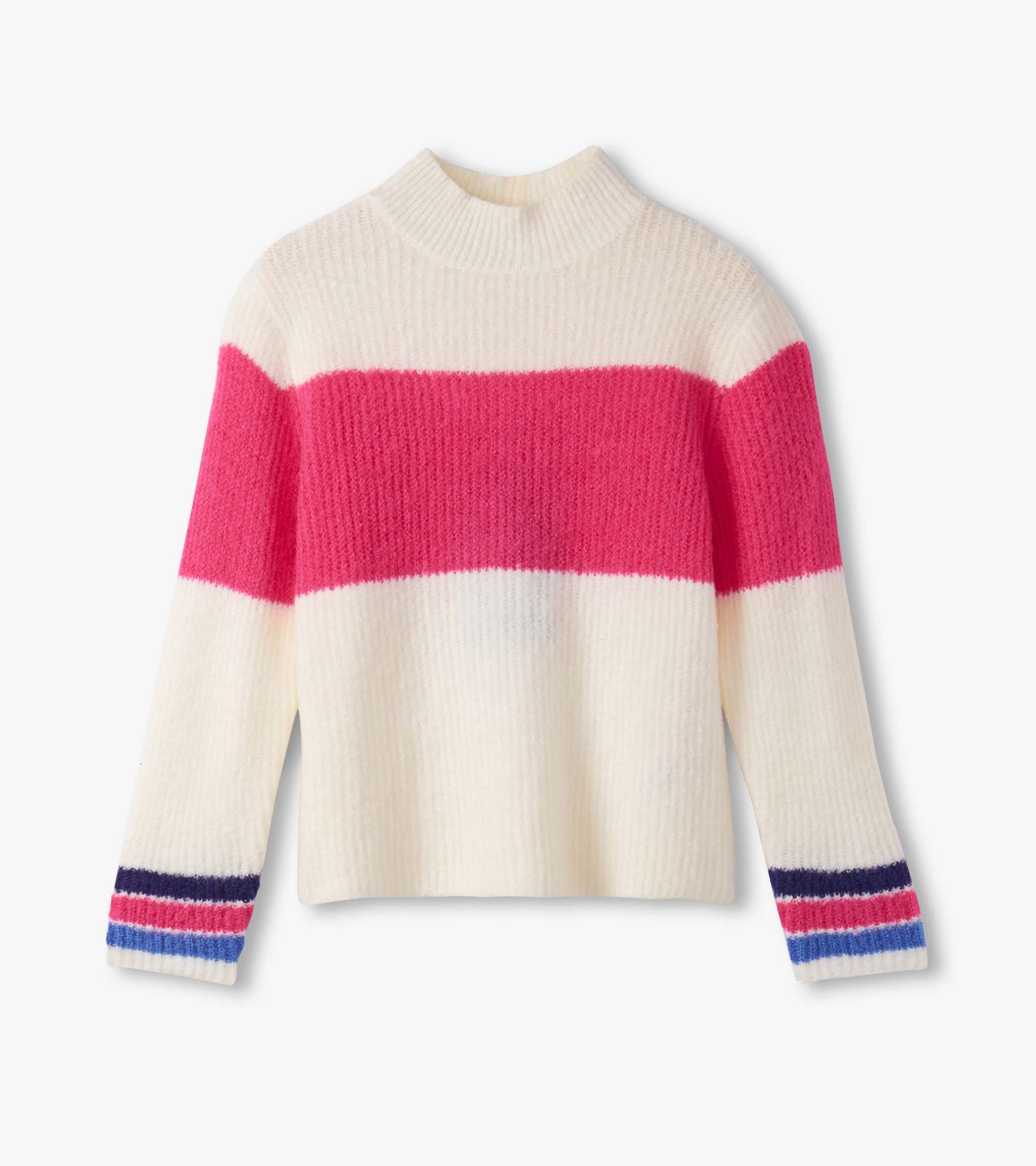 Colourblock mockneck sweater featuring pink and cream stripes with multicolored ribbed cuffs. Soft knit material.