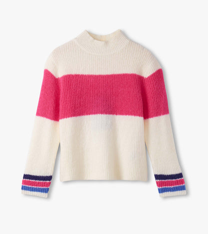 Colourblock mockneck sweater featuring pink and cream stripes with multicolored ribbed cuffs. Soft knit material.