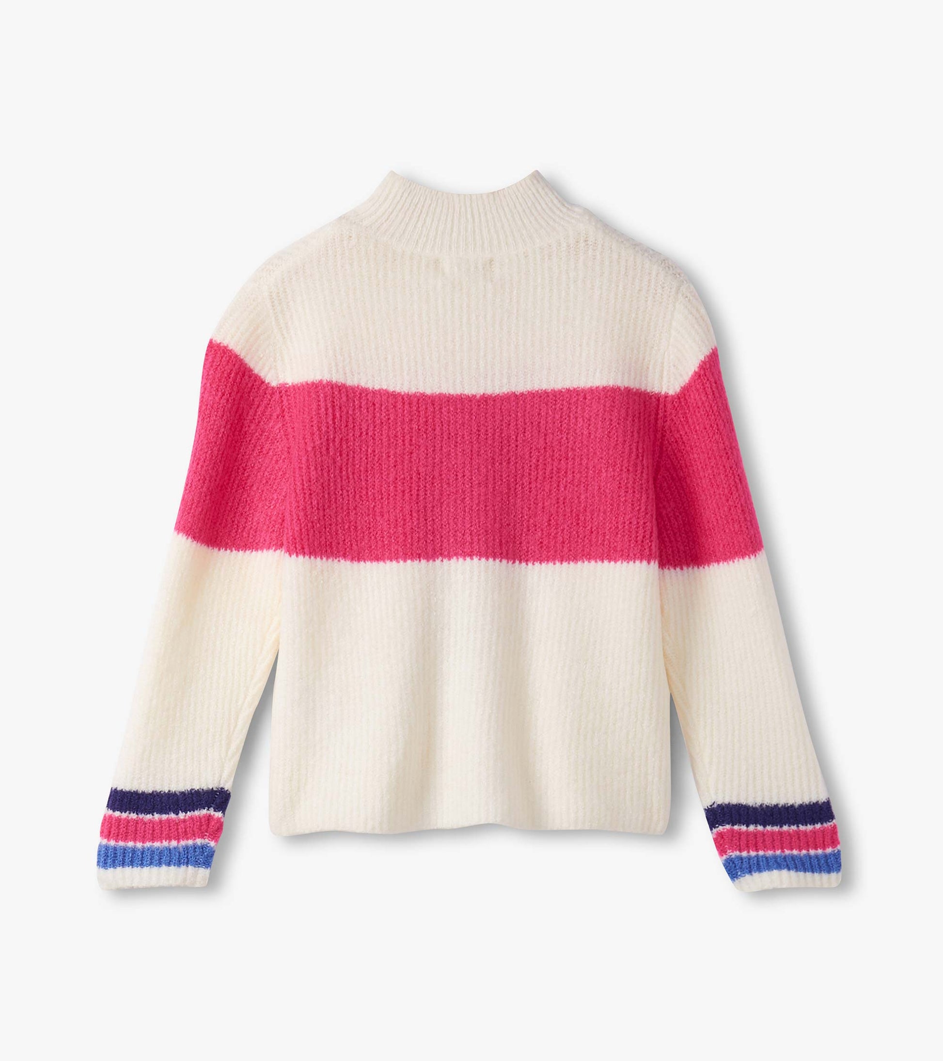 Girls' mockneck sweater featuring a cream base with bold pink and navy colorblock stripes, showcasing a cozy knit texture.