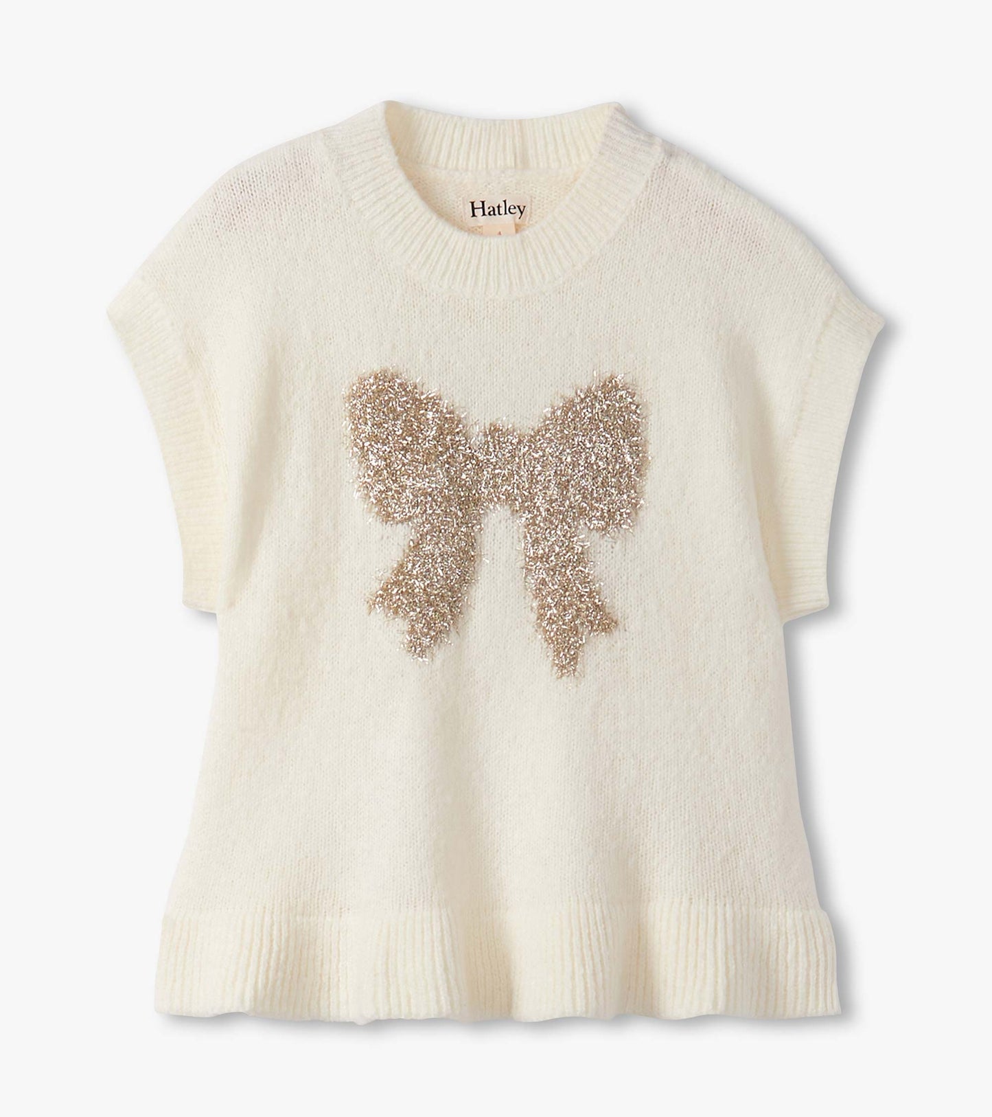 Cream sweater vest featuring a sparkly gold bow design, short sleeves, and a ribbed hem.