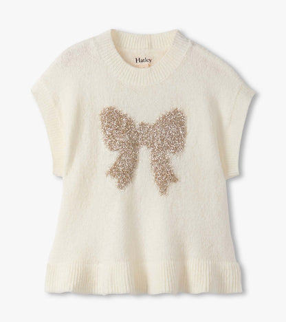 Cream sweater vest featuring a sparkly gold bow design, short sleeves, and a ribbed hem.