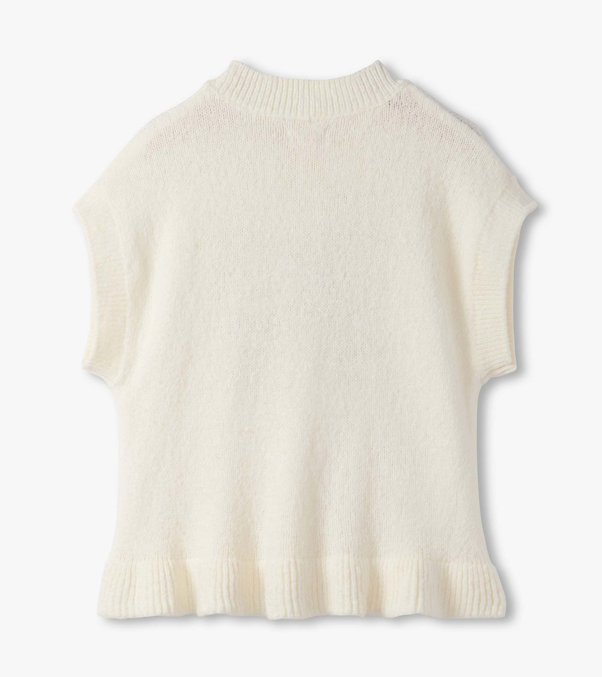 Cream-colored sleeveless sweater vest with a ribbed hem and high neckline, featuring a soft knit texture.