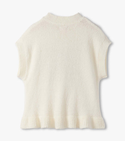 Cream-colored sleeveless sweater vest with a ribbed hem and high neckline, featuring a soft knit texture.