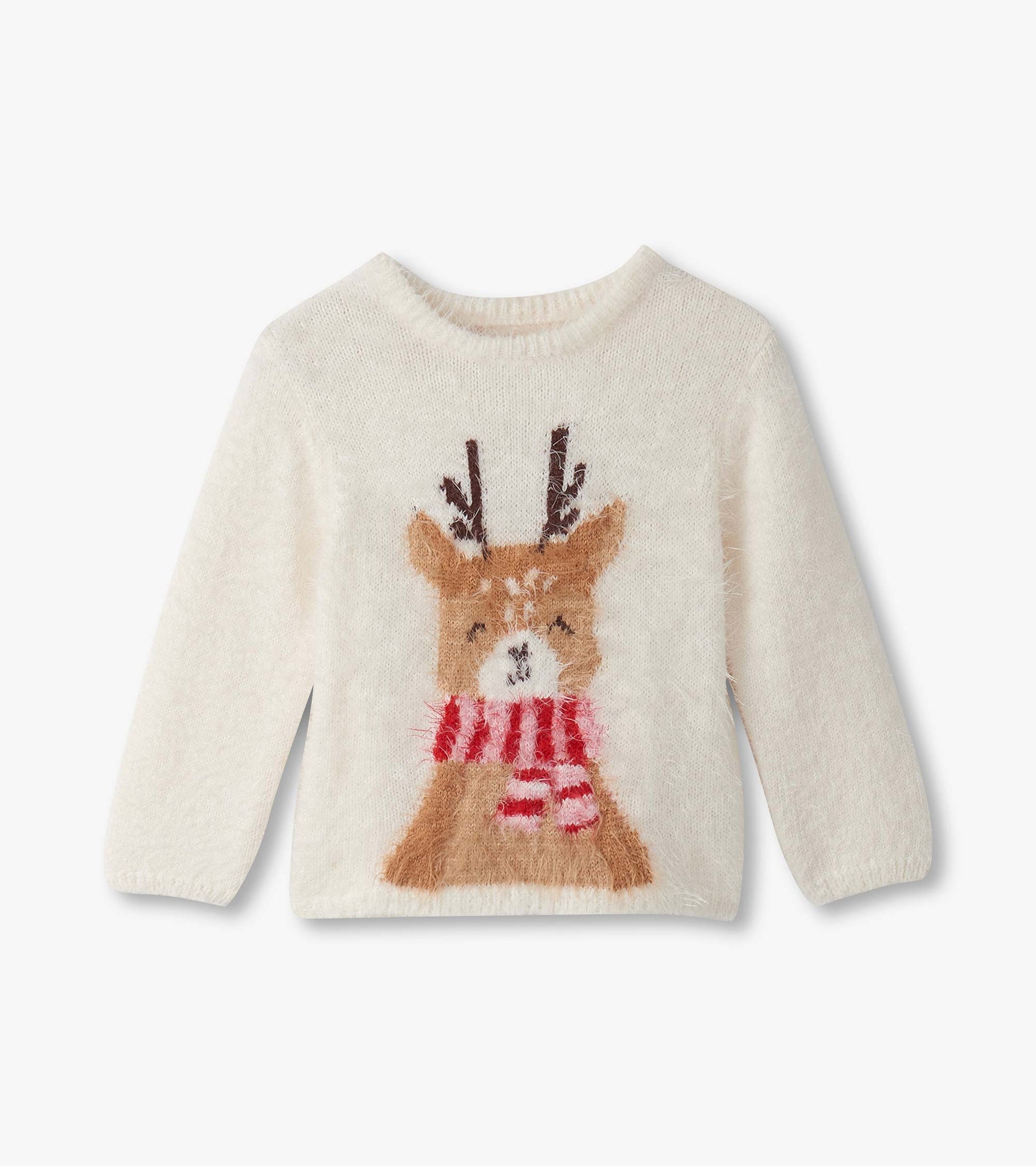 Cream-colored furry sweater featuring a reindeer design with antlers and a red-striped scarf.