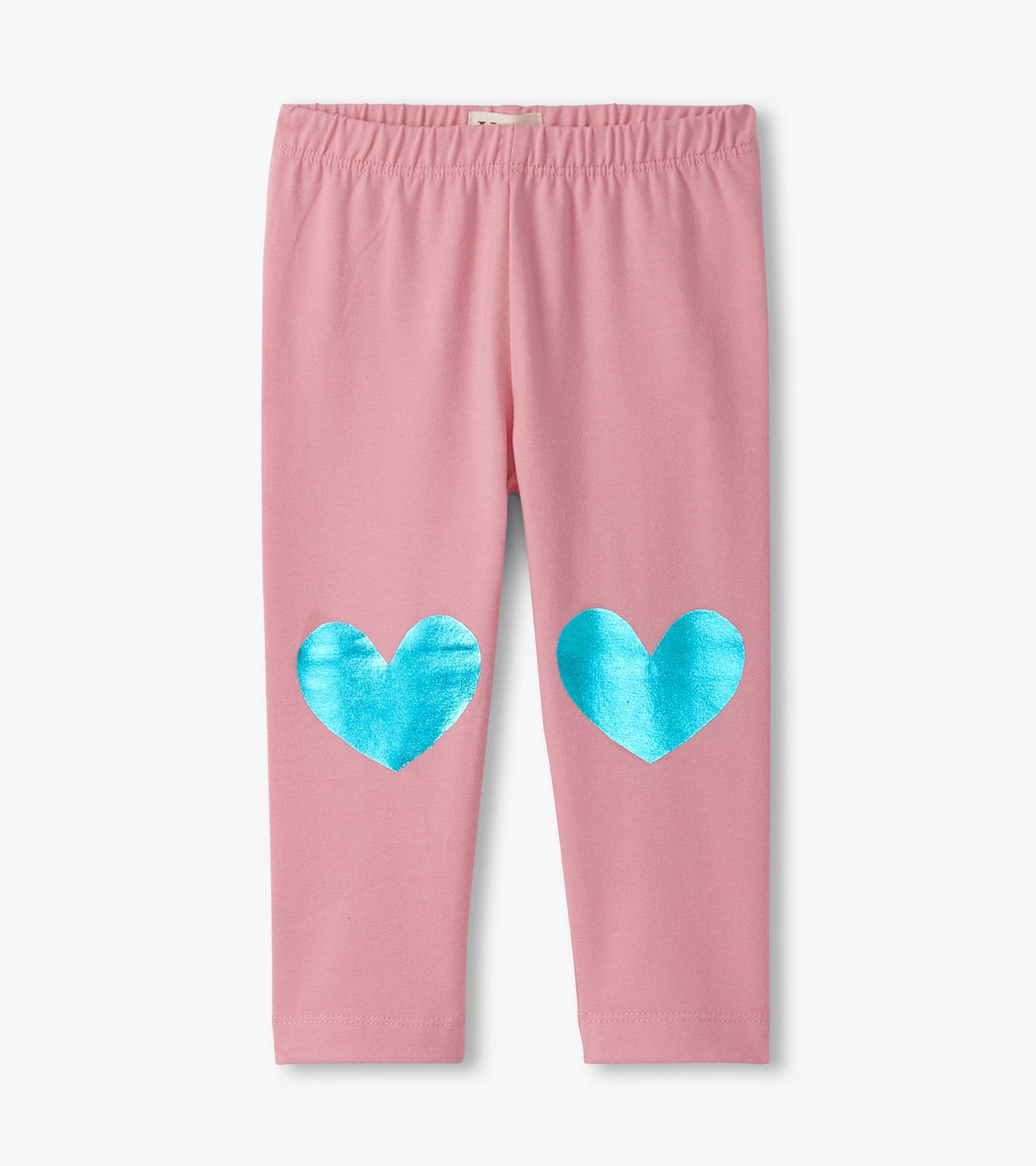 Pink leggings with shiny blue heart designs on the knees, featuring an elastic waistband for comfort.