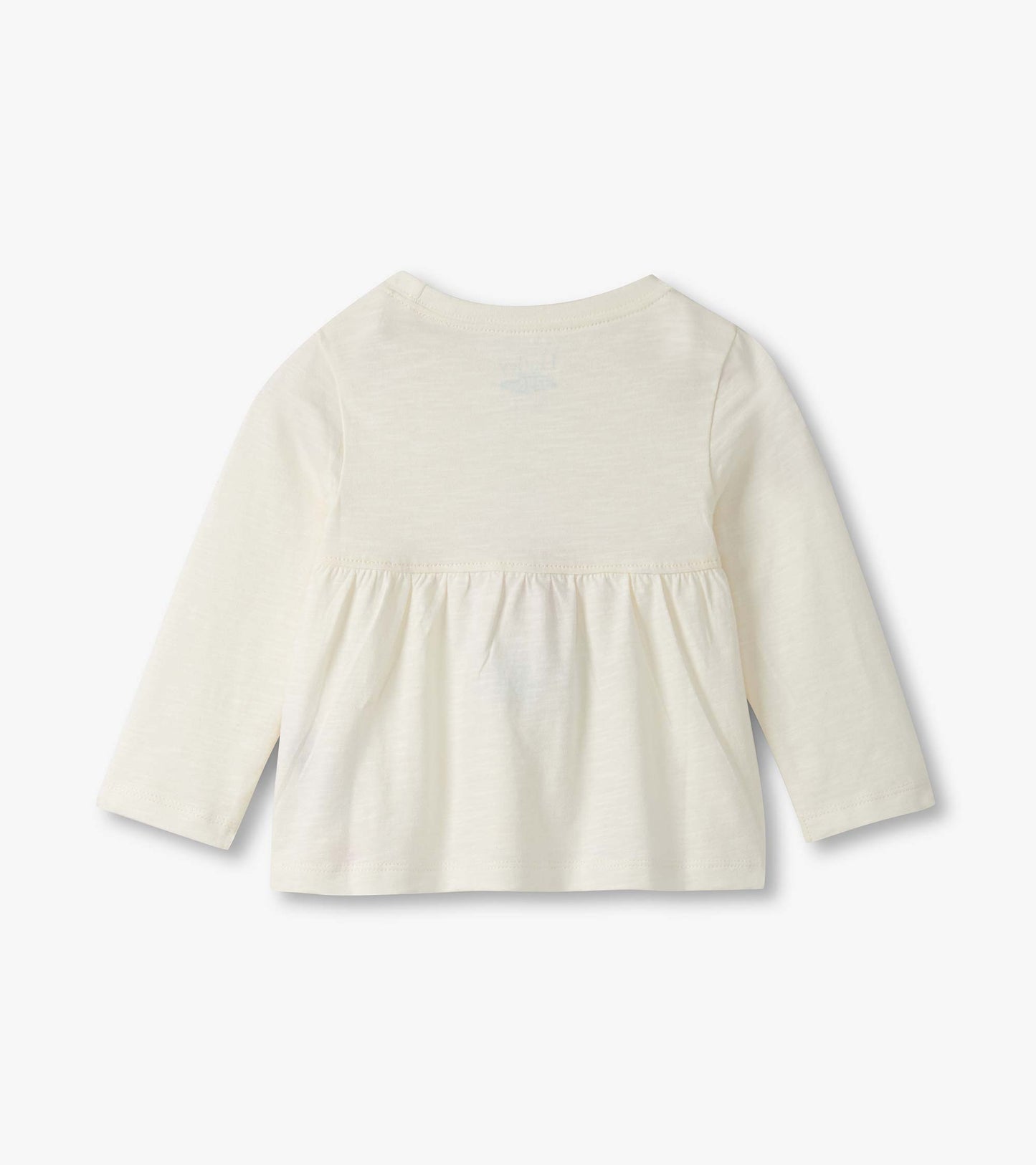 Light cream long-sleeve t-shirt with a gathered waist, suitable for baby and toddler girls.
