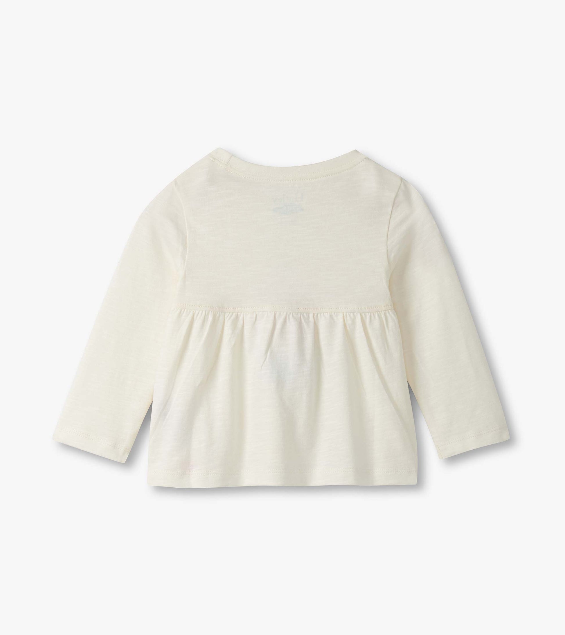 Light cream long-sleeve t-shirt with a gathered waist, suitable for baby and toddler girls.