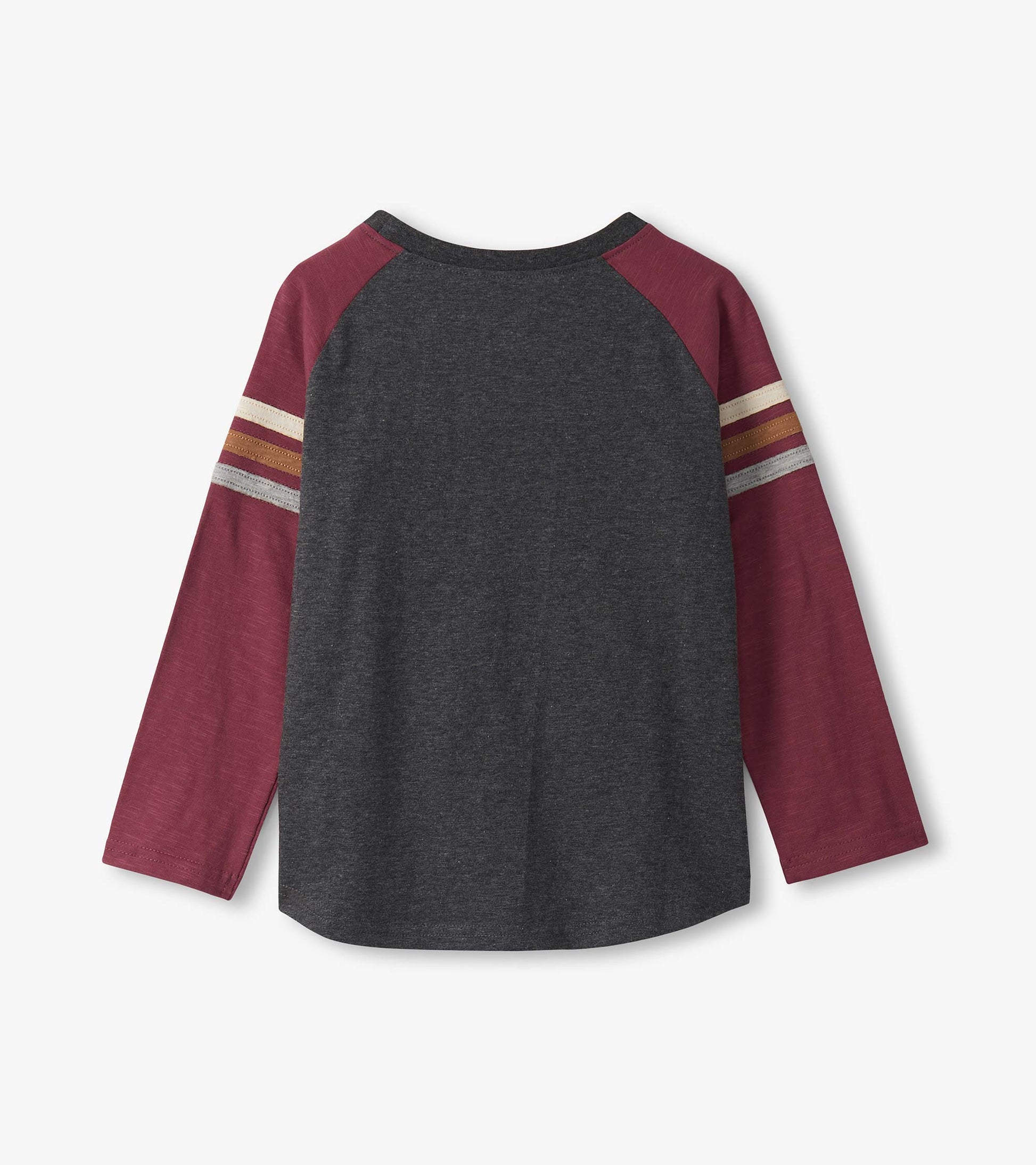 Long sleeve raglan t-shirt featuring maroon sleeves and a dark gray body with striped accents on the sleeves.