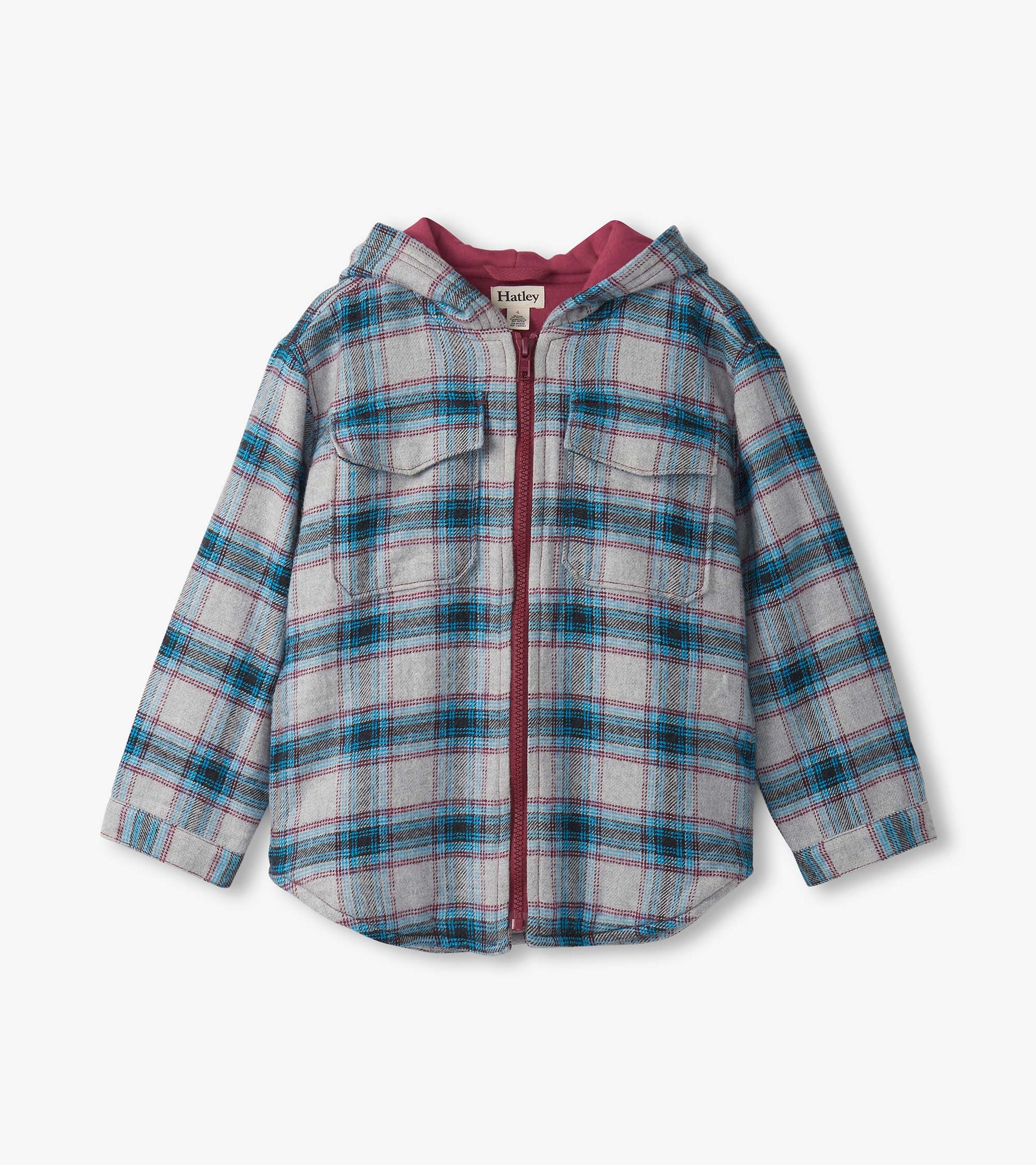 Charcoal and maroon plaid hooded jacket with a zip front and two chest pockets, suitable for boys.