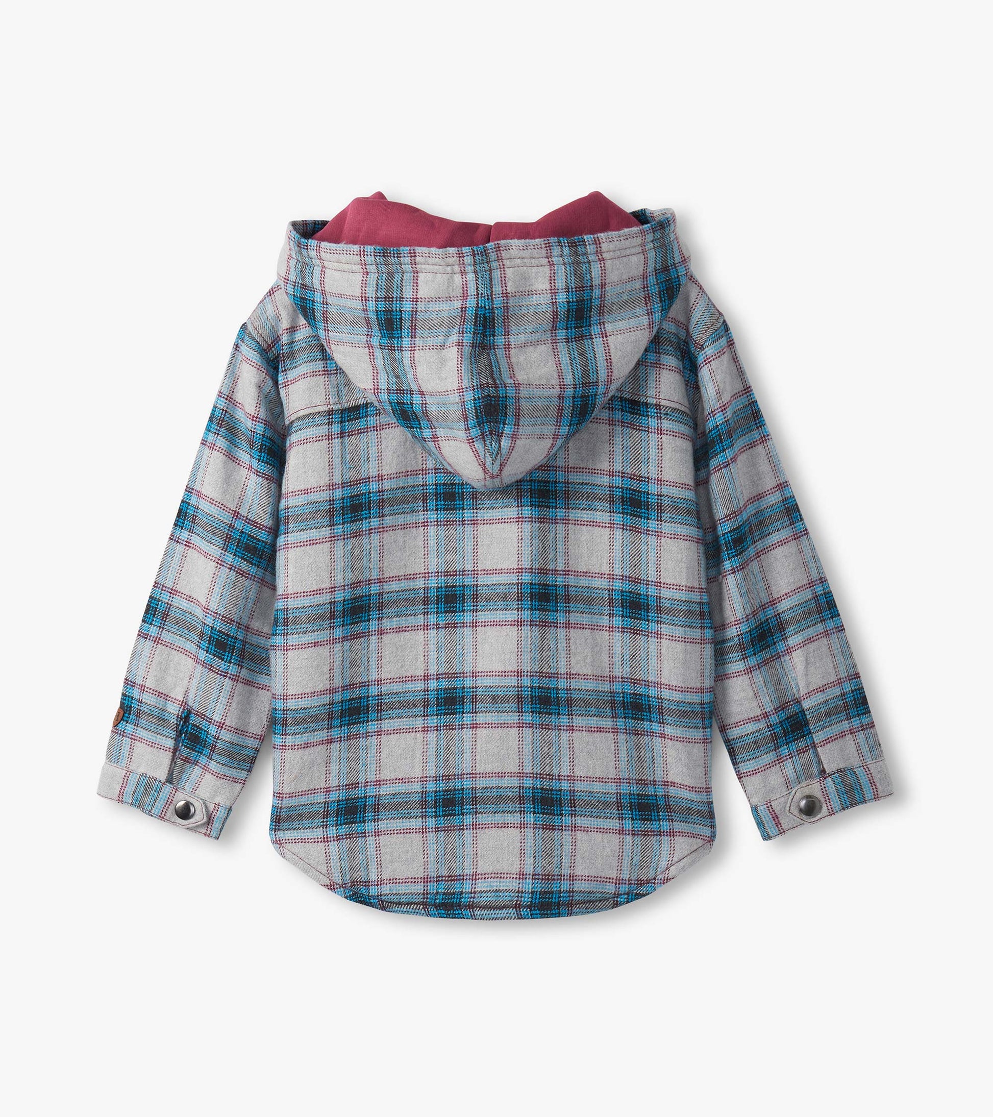 Charcoal and maroon plaid hooded jacket with a lined interior, featuring a relaxed fit and buttoned cuffs.