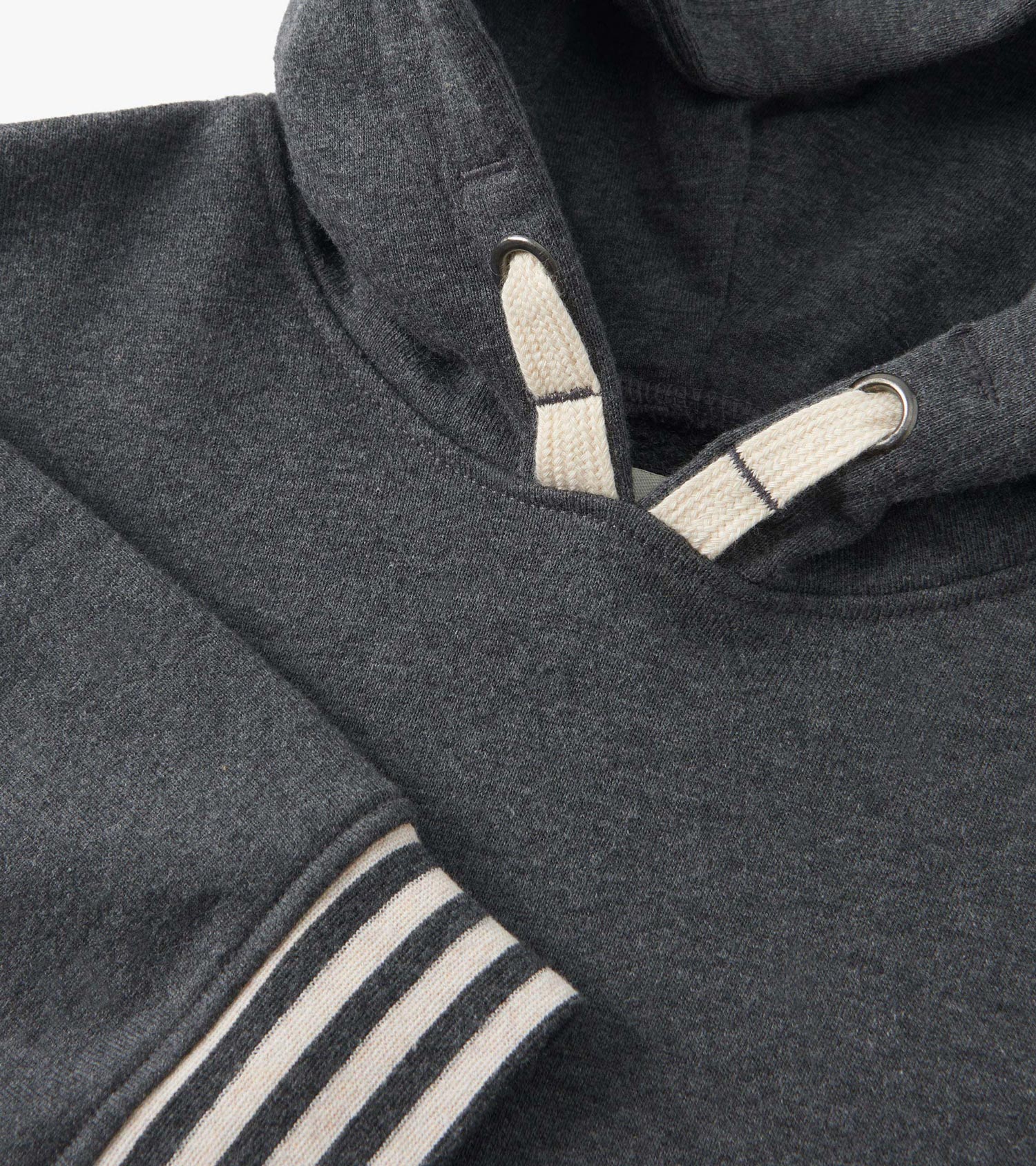 Charcoal melange pullover hoodie with a hood, cream drawstrings, and striped cuffs. Suitable for boys.