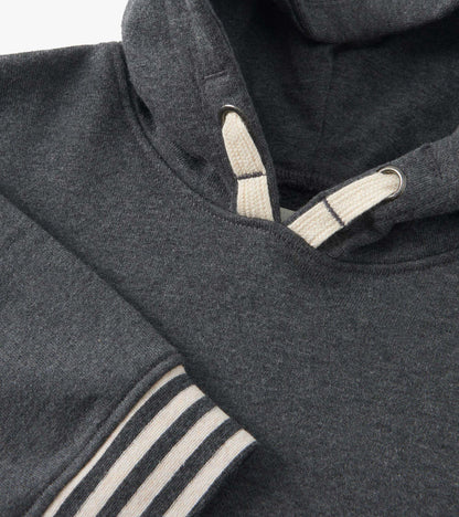 Charcoal melange pullover hoodie with a hood, cream drawstrings, and striped cuffs. Suitable for boys.