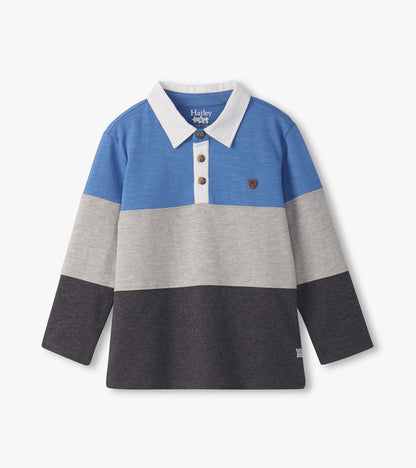 Blue and grey color block long sleeve polo shirt with a white collar and button placket, suitable for boys.