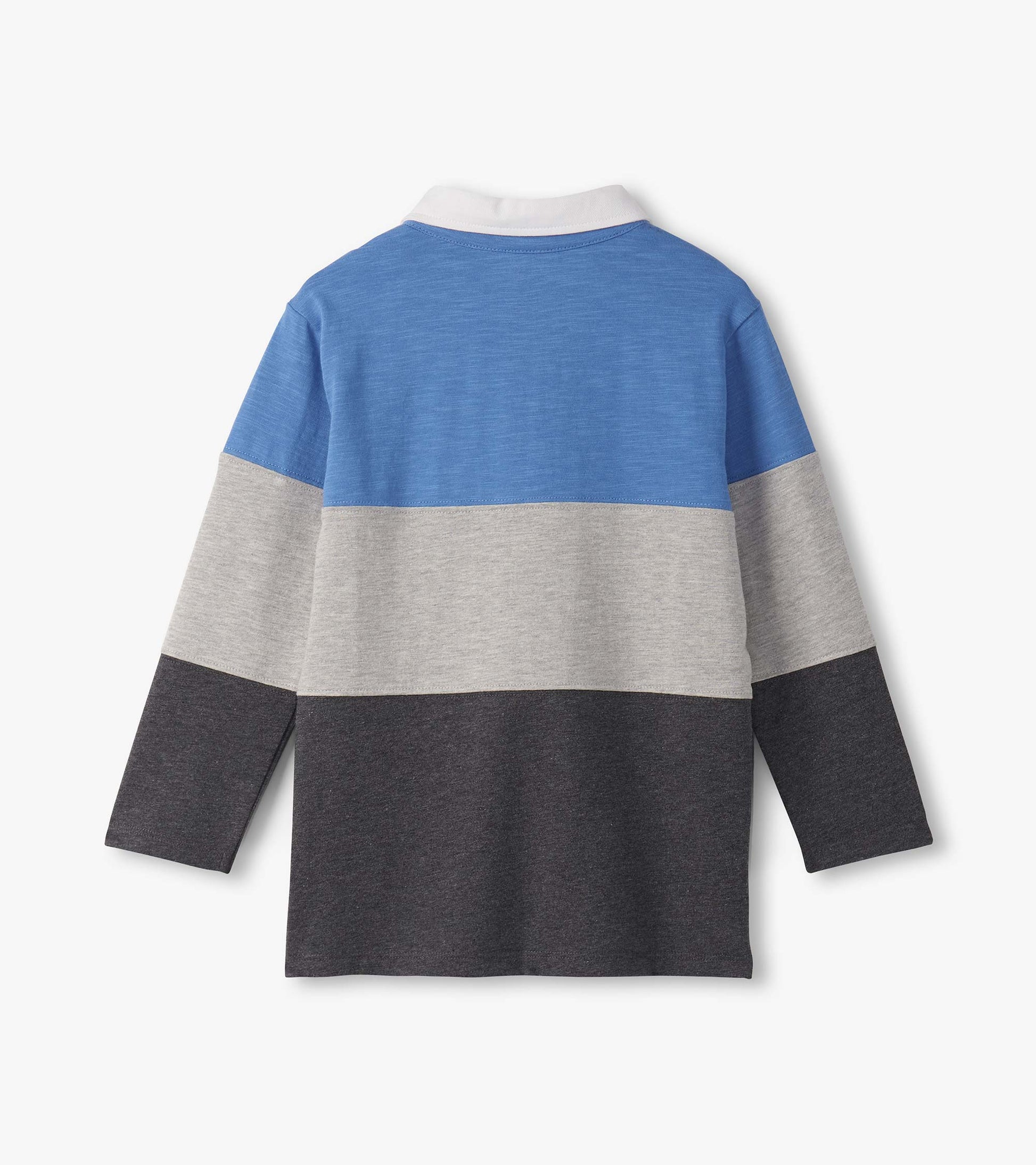 Boys long sleeve polo shirt featuring a blue, grey, and dark grey color block design with a white collar.